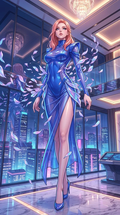score_9, masterpiece, best quality, ultra-detailed, High-budget Anime Keyframe, East Asian woman. Dynamic full-body shot stretching the vertical silhouette to the limit. Scenario 422: dissolving into a cloud of iridescent silk petals inside a luxury 