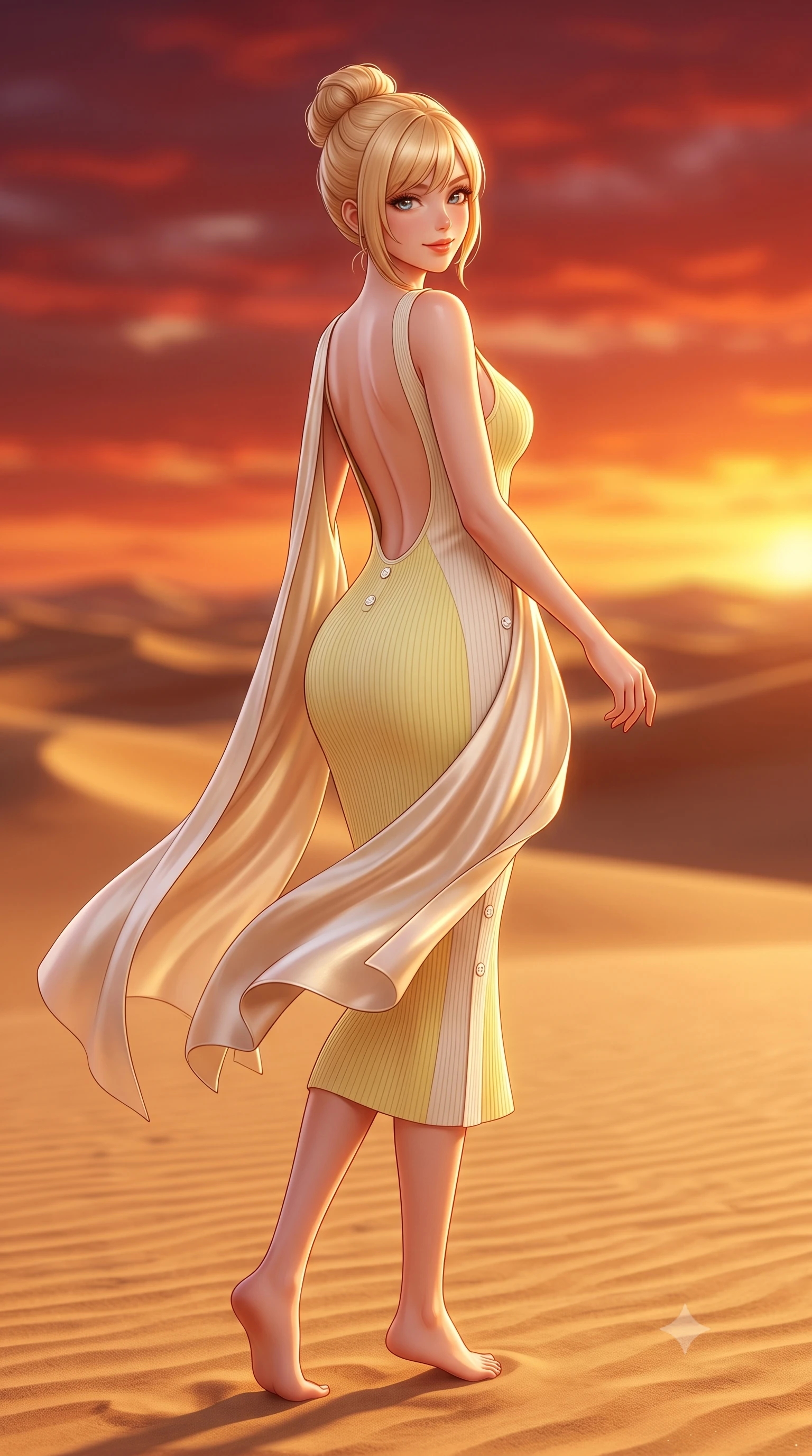score_9, masterpiece, best quality, ultra-detailed, high-budget anime keyframe, semi-realistic 3D game render, editorial fashion photography, tasteful artistic composition, Caucasian woman. low angle full-body shot from head to toe showing her feet, filling the entire 9:16 vertical frame with her statuesque presence, stretching her vertical silhouette. executing a cheerful mid-motion pivot turn as her resort dress flutters around her slender legs, glancing over her shoulder with an intoxicating, teasing bedroom-gaze while twisting her slender torso in an alluring S-curve as desert breezes mold her flowing silk resort cape against her narrow waist and curvy hips. The composition keeps background elements in soft focus with dreamy creamy bokeh. rippling golden sand dunes stretching to infinity beneath a fiery crimson sunset sky blurred into deep copper, carmine, and gold bokeh. She has an exceptionally tall and slender model-like 8.5-heads proportion, an ultra-slim waist, a flat toned midriff, narrow delicate ribcage, and beautifully sculpted feminine hips creating a graceful, slim hourglass silhouette without any bulky heaviness, with impossibly long slender legs. sharp v-shaped jawline, high-bridge nose, sparkling amber-hazel eyes with depth, long lush eyelashes, glossy sun-kissed lips with a warm coral glaze, radiant teasing smile with sensual sunlit bedroom-eyes, exuding effortless old-money elegance and intoxicating sun-drenched allure, flawlessly proportioned anatomical accuracy, strict slender model proportions, natural body alignment, perfectly sculpted long slender limbs, ultra-slim waistline, clean dynamic posture without body distortion. wearing a form-contouring ribbed knit bodycon resort dress with an open-back scoop descending to the base of her spine in pastel limoncello yellow and vanilla cream, made of smooth fluid silk satin with a delicate pearlescent golden sheen, accented with neat front carved mother-of-pearl buttons, the form-fitting cut adhering flawlessly to her sculpted flat midriff and slender torso, emphasizing her long leg lines and perfectly proportioned willowy build. bathed in the intense molten-crimson and gold of the desert horizon sunset. highly saturated vibrant anime colors, detailed shading with soft gradients, rich glossy textures, high-contrast stereoscopic depth, volumetric dynamic lighting, master piece, 9:16 ratio