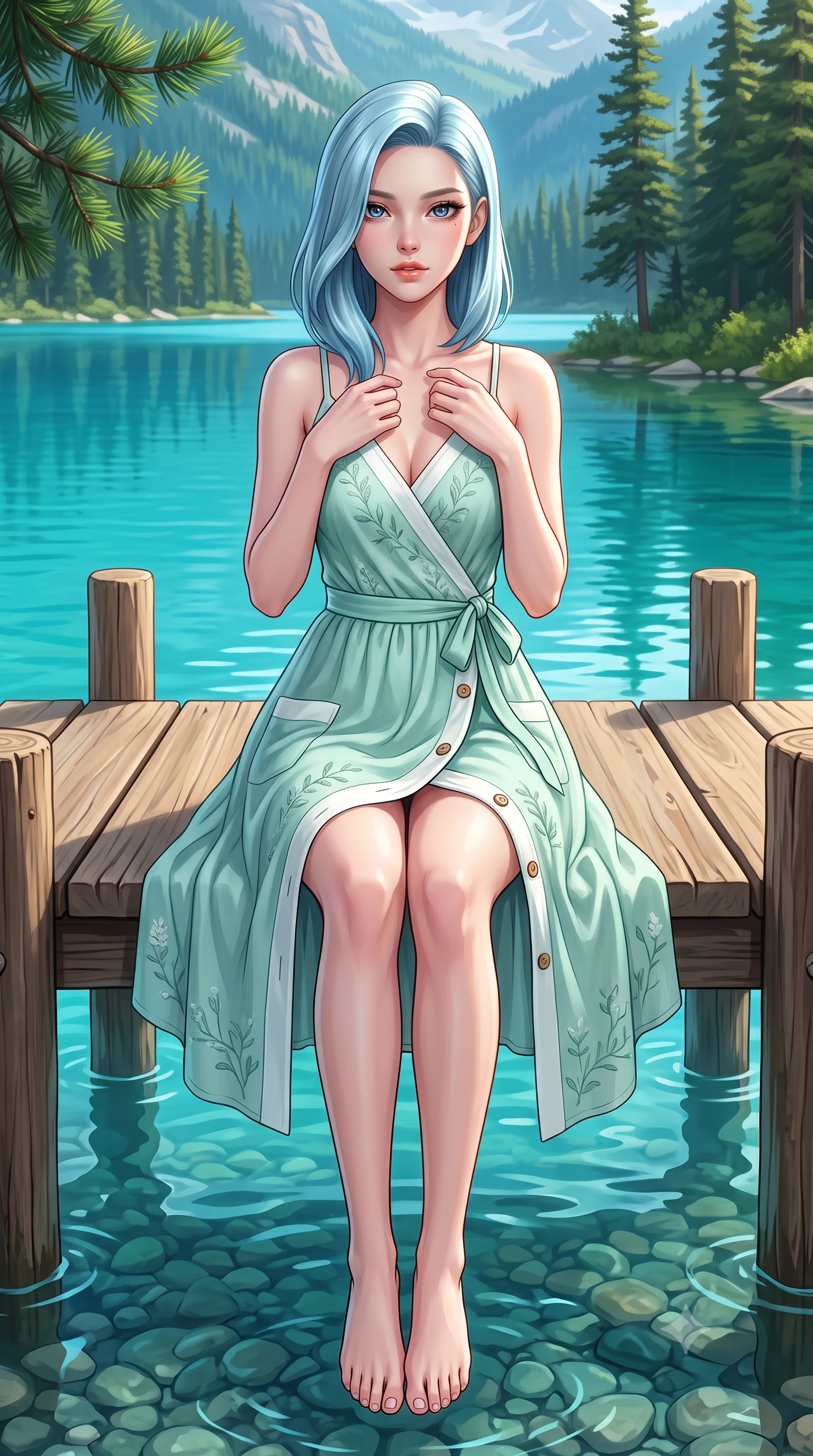 score_9, masterpiece, best quality, ultra-detailed, high-budget anime keyframe, semi-realistic 3D game render, editorial fashion photography, tasteful artistic composition, Korean woman. close-up cowboy shot from the waist and thighs up, the character dominates the composition, filling the frame with her large presence. holding her hands loosely near her heart with an enchanting, affectionate gaze looking directly into the lens while sitting gracefully on a rustic wooden pier dangling her feet above mirror-like turquoise glacial lake water. The surrounding environment is rendered in vivid detail and crisp panoramic clarity. crystal-clear turquoise water revealing smooth underwater pebbles, towering pine needles, and distant peaks in high clarity. She has an exceptionally elegant, slender, and willowy female figure with an ultra-slim waist, a gracefully sculpted slender torso, toned flat midriff, and a refined slim silhouette. sharp v-shaped jawline, high-bridge nose, intricate jewel-like eyes with depth, thick eyelashes, glossy lips with a natural sheen, pure and lovely fresh girlhood expression, flawlessly proportioned anatomical accuracy, strict slender model proportions, natural body alignment, perfectly sculpted long slender limbs, ultra-slim waistline, clean dynamic posture without body distortion. wearing a romantic wrap-style linen sundress with subtle botanical embroidery and a dainty waist tie in refreshing mint green and crisp sea-salt white, made of fine lightweight chiffon with a soft fluid drape, finished with neat natural wooden buttons and patch pocket details, the breezy lightweight fabric fluttering softly against her delicate collarbones, narrow waist, and feminine curves. surrounded by a serene, peaceful, and breathtakingly lovely lakeside maiden aura. highly saturated vibrant anime colors, detailed shading with soft gradients, rich glossy textures, high-contrast stereoscopic depth, volumetric dynamic lighting, master piece, 9:16 ratio