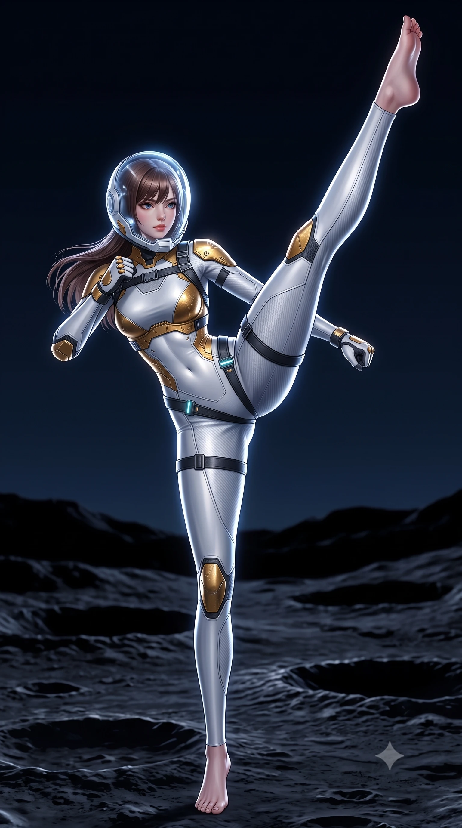 score_9, masterpiece, best quality, ultra-detailed, high-budget anime keyframe, semi-realistic 3D game render, editorial fashion photography, tasteful artistic composition, Korean woman. low angle full-body shot from head to toe showing her feet, filling the entire 9:16 vertical frame with her statuesque presence, stretching her vertical silhouette. executing a breathtaking zero-gravity high-kick with full 180-degree vertical extension, her impossibly long slender legs dominating the frame with razor-sharp poise while stepping forward through the blackened crater with rebreather unlatched on one side, revealing her glossy lips and sharp jawline. The surrounding environment is rendered in vivid detail and crisp panoramic clarity. transcendent chiaroscuro contrast between blinding electrical arc flashes and pitch-black nocturnal shadows in precision. She has an absolutely perfect, statuesque 8.5-heads proportion, an exceptionally tall and slender model-like female figure with impossibly long slender legs, a toned flat midriff, and an ultra-slim waist. sharp v-shaped jawline, high-bridge nose, intricate jewel-like eyes with depth, thick eyelashes, glossy lips with a natural sheen, fierce and resolute heroine expression, flawlessly proportioned anatomical accuracy, strict slender model proportions, natural body alignment, perfectly sculpted long slender limbs, ultra-slim waistline, clean dynamic posture without body distortion. wearing a crystal-clear transparent armored riot-visor helmet showing her entire beautiful face and determined expression with pristine clarity, paired with a tailored tactical combat jumpsuit with an open-back harness design, reinforced composite breastplate, and high-mobility elbow dampers in arctic white carbon composite with scratched solar gold armor plating, crafted from ultra-strong woven carbon-fiber composite with battle-tested satin luster, reinforced by a heavy-duty titanium tactical harness and glowing micro-energy status straps, the glove-like aerodynamic second-skin fit tightly clinging to her ultra-slender waist and athletic curves without adding bulk, accentuating her razor-sharp statuesque lines and slim hourglass silhouette. illuminated by crisp directional rim lights sharply defining her ultra-slim waist, long legs, and flat midriff. rich saturated anime colors with glowing neon highlights, detailed shading with soft gradients, rich glossy textures, high-contrast stereoscopic depth, volumetric dynamic lighting, master piece, 9:16 ratio