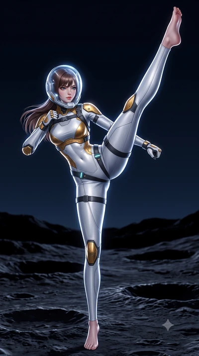 score_9, masterpiece, best quality, ultra-detailed, high-budget anime keyframe, semi-realistic 3D game render, editorial fashion photography, tasteful artistic composition, Korean woman. low angle full-body shot from head to toe showing her feet, fil