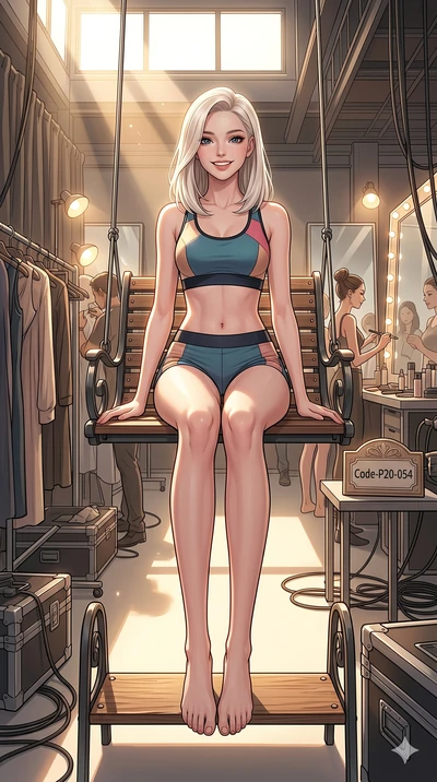 score_9, masterpiece, best quality, ultra-detailed, high-budget anime keyframe, vibrant anime aesthetic, Caucasian woman, strictly human ears. low angle full-body shot from head to toe showing her feet, filling the entire 9:16 vertical frame with her