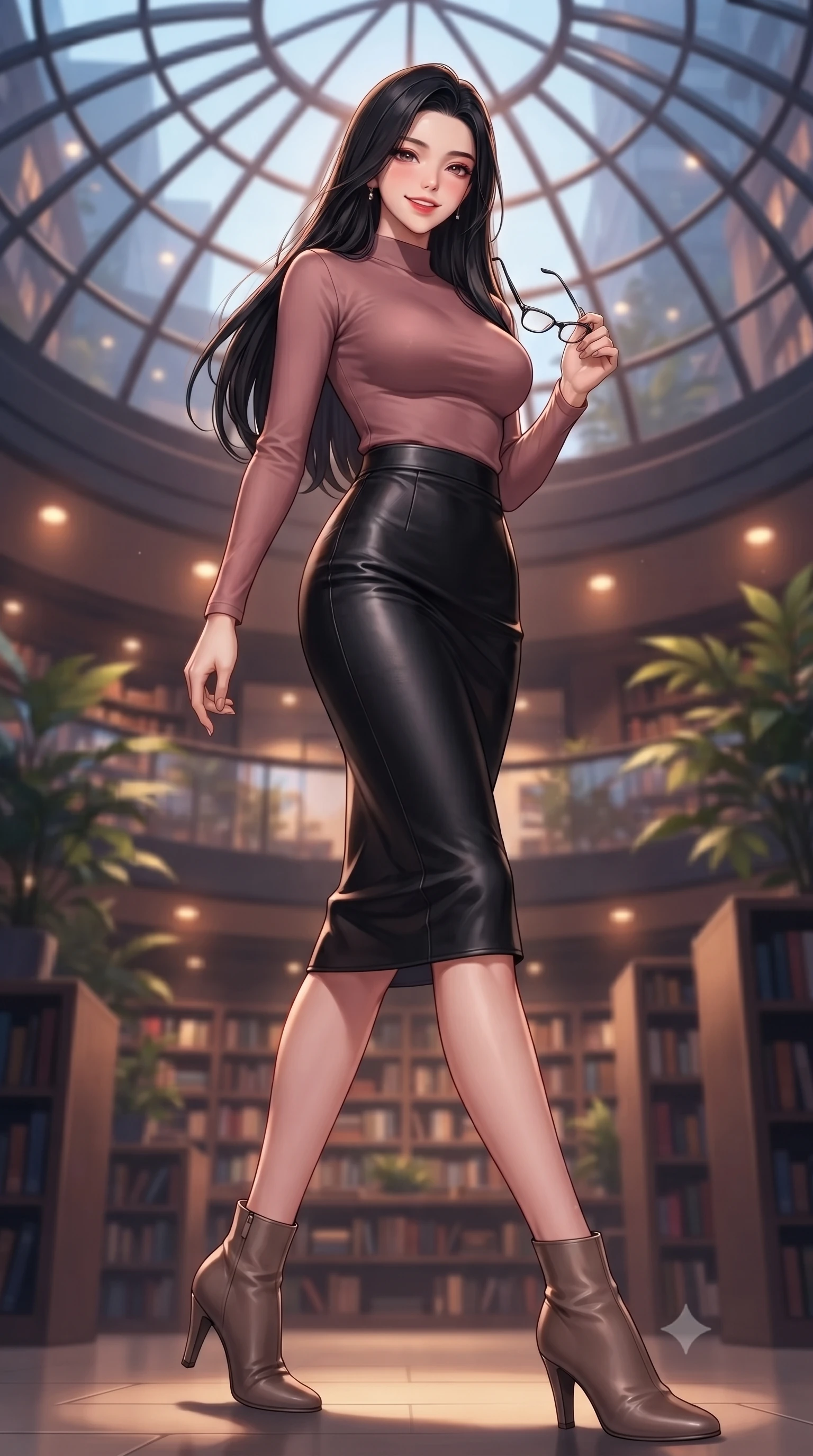 score_9, masterpiece, best quality, ultra-detailed, high-budget anime keyframe, editorial fashion photography, tasteful artistic composition, Korean woman. low angle full-body shot from head to toe showing her feet, filling the entire 9:16 vertical frame with her statuesque presence, stretching her vertical silhouette. stepping forward with an alluring, magnetic smile, her graceful posture highlighting her statuesque silhouette set against a soft-focus background of inside a modern city library under a huge glass dome ceiling with leafy plants holding a pair of reading glasses in her hand with a warm, cute expression. She has an absolutely perfect, statuesque 8.5-heads proportion, an exceptionally tall and slender model-like female figure with impossibly long slender legs and an ultra-slim waist. sharp v-shaped jawline, high-bridge nose, intricate jewel-like eyes with depth, thick eyelashes, glossy lips with a natural sheen. wearing slim-fit form-fitting long-sleeve mock-neck top in dusty rose, paired with a slim-fit leather midi skirt. warm ambient uplighting creating a cozy, studious evening ambiance. highly saturated vibrant anime colors, detailed shading with soft gradients, rich glossy textures, high-contrast stereoscopic depth, volumetric dynamic lighting, master piece, 9:16 ratio
