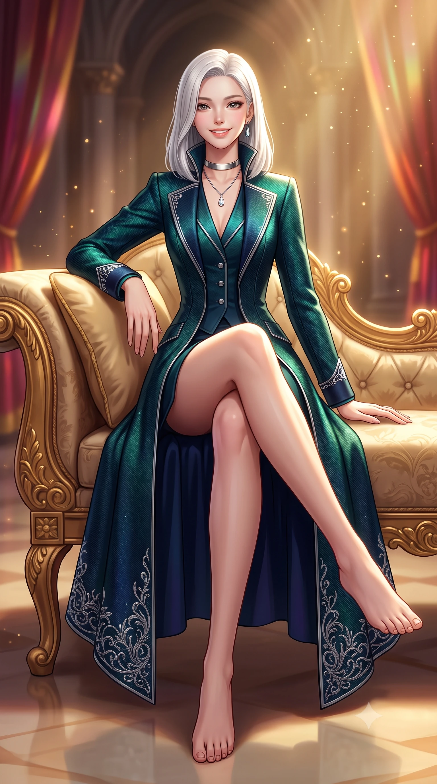 score_9, masterpiece, best quality, ultra-detailed, high-budget anime keyframe, semi-realistic 3D game render, editorial fashion photography, tasteful artistic composition, Korean woman. low angle full-body shot from head to toe showing her feet, filling the entire 9:16 vertical frame with her statuesque presence, stretching her vertical silhouette. lounging on the lavish daybed with legs crossed and hips angled toward the camera, displaying her toned midriff and long slender limbs with effortless siren poise while lounging gracefully across the antique gilded chaise propped on one elbow with legs extended, displaying her long slender limbs and statuesque hourglass silhouette with regal anime flair. The background shows a soft-focus golden dust motes shimmering in spotlight beams softened in grand star-fortress cathedral shallow focus. She has an exceptionally tall and slender model-like 8.5-heads proportion, an ultra-slim waist, a flat toned midriff, narrow delicate ribcage, and beautifully sculpted feminine hips creating a graceful, slim hourglass silhouette without any bulky heaviness, with impossibly long slender legs. sharp v-shaped jawline, high-bridge nose, intricate jewel-like sparkling eyes with depth, thick eyelashes, glossy parted lips with a natural peach sheen, bright cheerful beaming smile with an enchanting and coquettish sensual glint, exuding both youthful cute charm and seductive allure, flawlessly proportioned anatomical accuracy, strict slender model proportions, natural body alignment, perfectly sculpted long slender limbs, ultra-slim waistline, clean dynamic posture without body distortion. wearing an aristocratic deep-space admiral longcoat with silver filigree embroidery along the hem and high structured collar in bioluminescent emerald and abyssal sapphire, tailored from high-density tech-wool with subtle metallic thread weave, finished with a minimalist chrome choker and a single teardrop diamond pendant, the bespoke structured tailoring following the natural line of her 8.5-heads silhouette with refined elegance. bathed in warm 2600K golden spotlight radiance combined with ruby and amber holographic curtain glow. highly saturated vibrant anime colors, detailed shading with soft gradients, rich glossy textures, high-contrast stereoscopic depth, volumetric dynamic lighting, master piece, 9:16 ratio