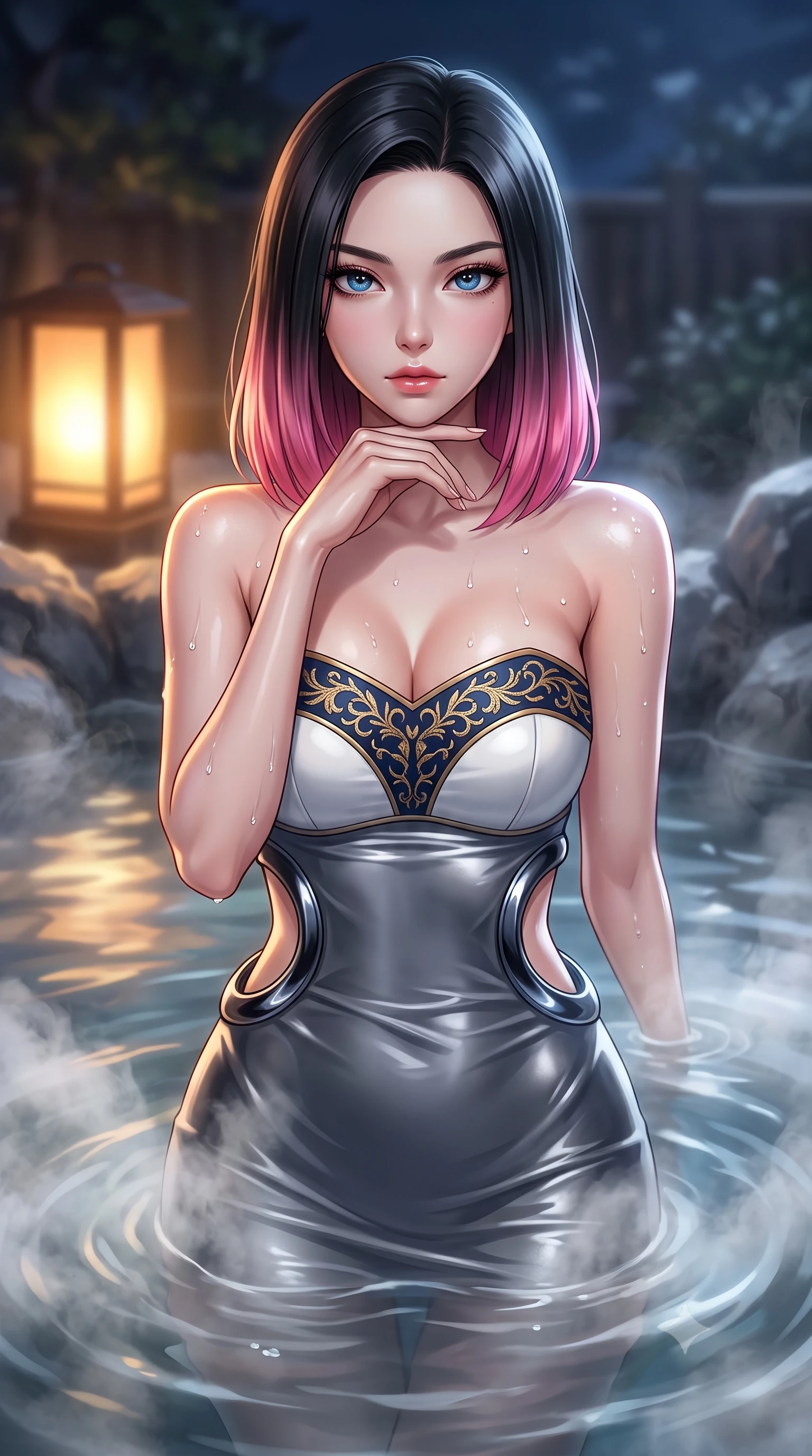 score_9, masterpiece, best quality, ultra-detailed, high-budget anime keyframe, editorial fashion photography, tasteful artistic composition, Korean woman. close-up cowboy shot from the waist and thighs up, the character dominates the composition, filling the frame with her large presence, background elements kept in soft focus. Resting her chin on the backs of her fingers with an air of effortless superiority, immersed to the waist in steaming mineral waters as night mist swirls around, steaming mineral water dewdrops glistening on her shoulders and clavicle lines. She has an exceptionally elegant, slender, and willowy female figure with an ultra-slim waist, a gracefully sculpted slender torso, and a refined silhouette. sharp v-shaped jawline, high-bridge nose, intricate jewel-like eyes with depth, thick eyelashes, glossy lips with a natural sheen. wearing modern fusion white hanbok dress with structured gold-embroidered bodice in midnight navy blue, made of liquid dark mercury jersey, accented with sculpted obsidian chrome rings at the waist, contouring every curve with an exceptionally elegant silhouette. illuminated by warm amber lantern glow and cold silver moonlight contrast. highly saturated vibrant anime colors, detailed shading with soft gradients, rich glossy textures, high-contrast stereoscopic depth, volumetric dynamic lighting, master piece, 9:16 ratio