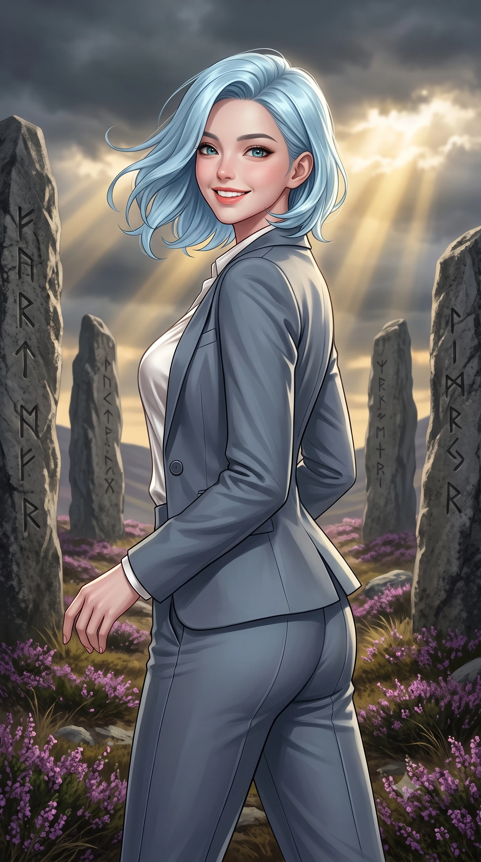 score_9, masterpiece, best quality, ultra-detailed, high-budget anime keyframe, editorial fashion photography, tasteful artistic composition, Korean woman. close-up cowboy shot from the waist and thighs up, the character dominates the composition, filling the frame with her large presence, background elements kept in soft focus. Looking over her shoulder with a bright, welcoming smile and happy eyes. set against a soft-focus background of standing in a prehistoric ring of towering grey standing stones covered in ancient runes, surrounded by purple heather blowing in the wind on a highland cliff. She has an exceptionally elegant, slender, and willowy female figure with a highly-defined ultra-slim waist, a gracefully sculpted slender torso, and a refined slim-fit silhouette that contours her form. sharp v-shaped jawline, high-bridge nose, intricate jewel-like eyes with depth, thick eyelashes, glossy lips with a natural sheen. wearing a sleek tailored slim-fit slate grey pantsuit with a single button, worn over a white satin blouse. dramatic stormy sunbeams breaking through dark grey clouds, casting high-contrast golden beams against the dark landscape. 2k, ultra detail, master piece, 9:16 ratio