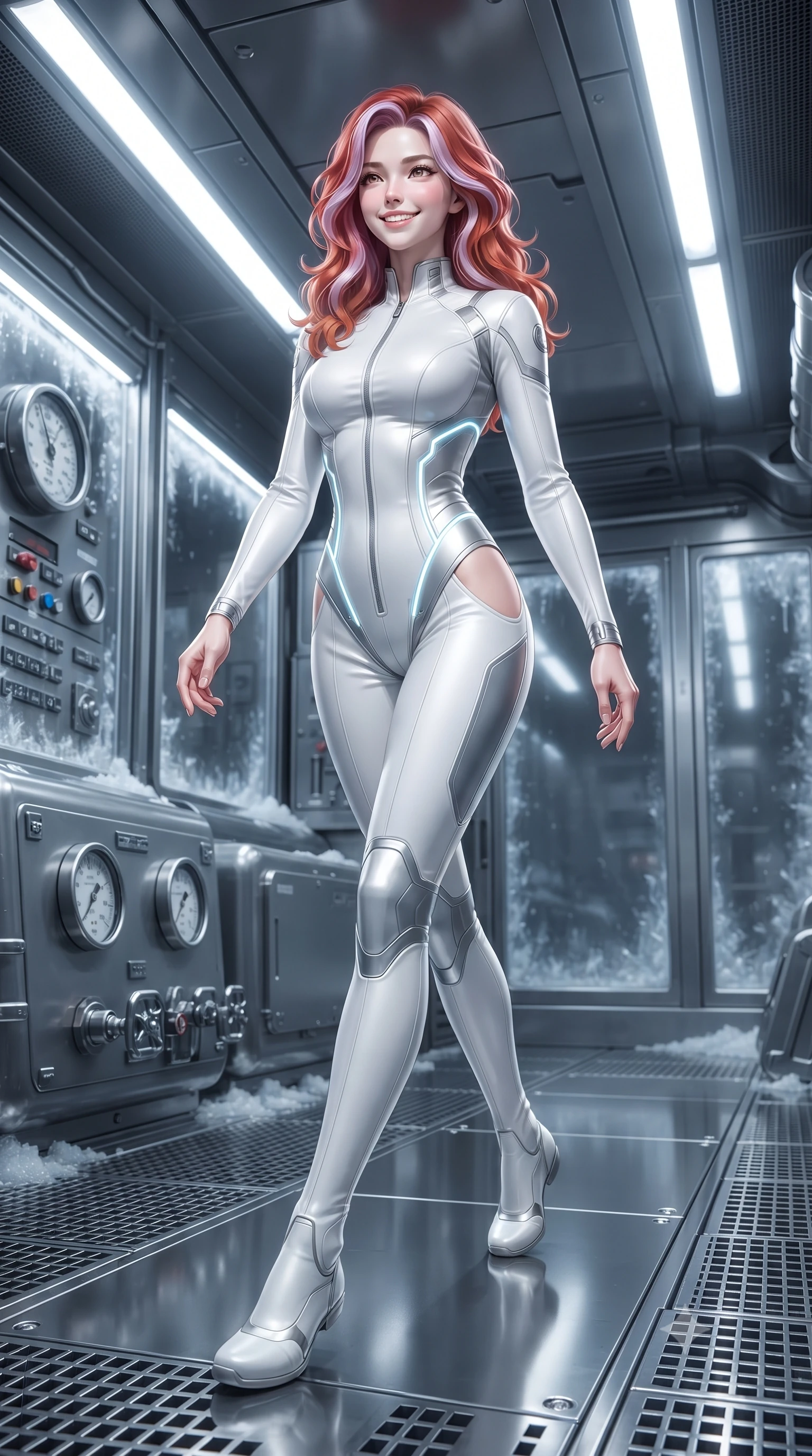score_9, masterpiece, best quality, ultra-detailed, high-budget anime keyframe, editorial fashion photography, tasteful artistic composition, Caucasian woman. low angle full-body shot from head to toe showing her feet, filling the entire 9:16 vertical frame with her statuesque presence, stretching her vertical silhouette. striding forward gracefully across the reflective metal deck in mid-motion with a radiant beaming smile, hips swaying in an alluring kinetic rhythm that accentuates her curvy hourglass silhouette and long slender legs while sitting gracefully on the frozen metal walkway edge with legs crossed, her form-contouring thermal suit radiating captivating allure. The surrounding environment is rendered in vivid detail and crisp panoramic clarity: sharp frost rime on pod glass, cryogenic valve pressure dials, and textured steel floor grating in deep focus. She has an absolutely perfect, statuesque 8.5-heads proportion, an exceptionally tall and slender model-like female figure with impossibly long slender legs, an ultra-slim waist, a flat toned midriff, narrow delicate ribcage, and beautifully sculpted feminine hips creating a graceful, slim hourglass silhouette without any bulky heaviness. sharp v-shaped jawline, high-bridge nose, intricate jewel-like sparkling eyes with depth, thick eyelashes, glossy parted lips with a natural sheen, bright confident smile with an enchanting and coquettish sensual glint, exuding both youthful magnetic charm and sovereign high-tech allure, flawlessly proportioned anatomical accuracy, strict slender model proportions, natural body alignment, perfectly sculpted long slender limbs, ultra-slim waistline, clean dynamic posture without body distortion. wearing a high-performance speeder pilot catsuit with ergonomic silicone grip lines and strategic hip cutouts in pure alabaster white and brushed silver accents, tailored from brushed aeronautical titanium alloy with matte satin sheen, accented with glowing neon fiber-optic piping tracing her spine and hip lines, the aerodynamic second-skin silhouette tightly following the natural contour of her hips and long slender legs with youthful 8.5-heads elegance. illuminated by overhead cold-white strip lights and sharp crystalline silver rim lights carving her slim waist, hips, and jawline. ultra-reflective glossy finish, specular highlights, rich textural contrasts, high-contrast stereoscopic depth, volumetric dynamic lighting, 2k, ultra detail, master piece, 9:16 ratio