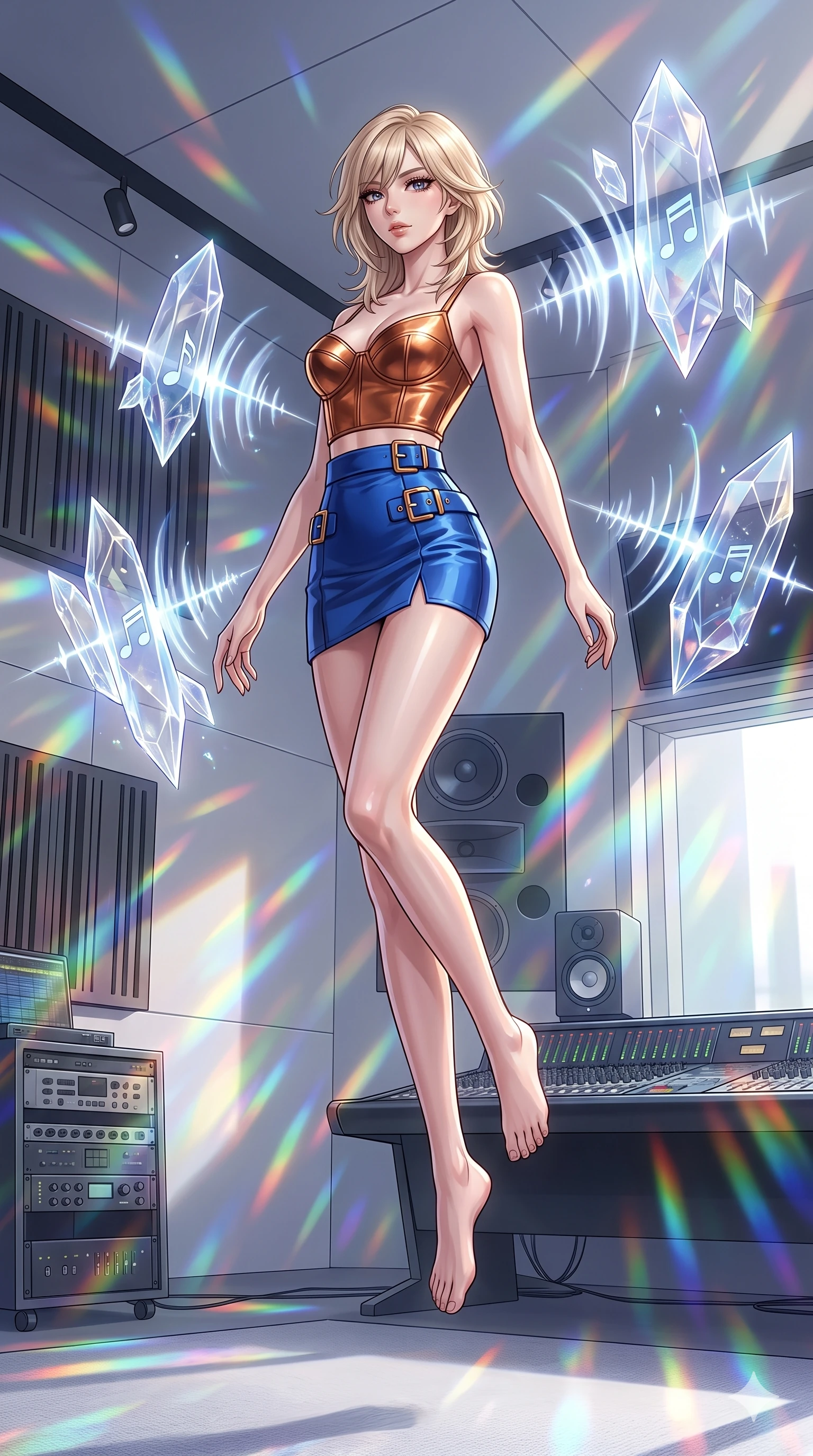 score_9, masterpiece, best quality, ultra-detailed, high-budget anime keyframe, editorial fashion photography, tasteful artistic composition, Japanese woman. low angle full-body shot from head to toe showing her feet, filling the entire 9:16 vertical frame with her statuesque presence, stretching her vertical silhouette. leaping gracefully through a music studio where powerful sound waves have frozen mid-propagation into crystalline structures in the air each transparent crystal formation humming with a different captured musical note. She has a statuesque 8.5-heads proportion, an exceptionally tall, slender and willowy model-like build with impossibly long legs and a highly sculpted ultra-slim waist. sharp v-shaped jawline, high-bridge nose, intricate jewel-like eyes with depth, thick eyelashes, glossy lips with a natural sheen. wearing a fitted bustier top in metallic copper, paired with a matching high-waisted micro skirt in cobalt blue and gold buckles. clear white studio lighting with prismatic refractions through the sound-wave crystals casting musical-frequency-colored spectrums of light across the walls. 2k, ultra detail, master piece, 9:16 ratio