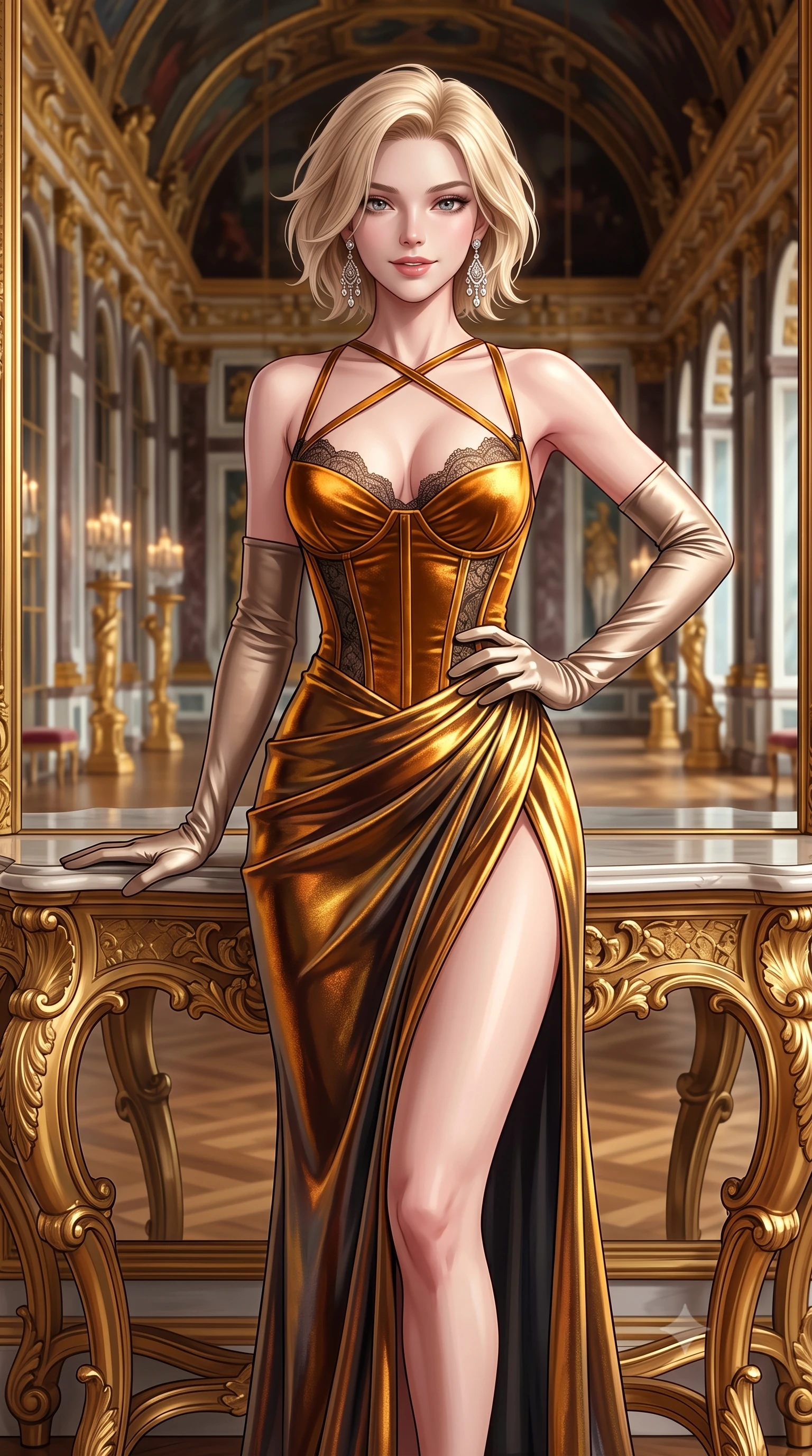 score_9, masterpiece, best quality, ultra-detailed, high-budget anime keyframe, semi-realistic 3D game render, editorial fashion photography, tasteful artistic composition, Caucasian woman. close-up cowboy shot from the waist and thighs up, the character dominates the composition, filling the frame with her large presence. smiling with subtle, enchanting allure and glossy parted lips, one hand resting on her waist with effortless supermodel poise while resting against a gilded mirror console table with an aloof, captivating socialite smile. The surrounding environment is rendered in vivid detail and crisp panoramic clarity. rich high-contrast gala chiaroscuro and monumental imperial palace grandeur captured with environmental sharpness. She has an exceptionally elegant, slender, and willowy female figure with an ultra-slim waist, a gracefully sculpted slender torso, toned flat midriff, and a refined slim silhouette. sharp v-shaped jawline, high-bridge nose, intricate jewel-like eyes with depth, thick eyelashes, glossy lips with a natural sheen, captivating and magnetic expression, flawlessly proportioned anatomical accuracy, strict slender model proportions, natural body alignment, perfectly sculpted long slender limbs, ultra-slim waistline, clean dynamic posture without body distortion. wearing a high-slit velvet corset dress with delicate lace-trimmed bodice and crossed back straps in molten amber-gold and dark gunmetal, crafted from luxurious metallic lamé that shifts radiance with every step, complemented by opera-length satin gloves and sparkling chandelier earrings, the breezy yet form-flattering drape swaying gracefully with her steps, accentuating her long willowy limbs and slim waistline. surrounded by a glamorous, exclusive, and breathtakingly captivating billionaire heiress aura. highly saturated vibrant anime colors, detailed shading with soft gradients, rich glossy textures, high-contrast stereoscopic depth, volumetric dynamic lighting, master piece, 9:16 ratio