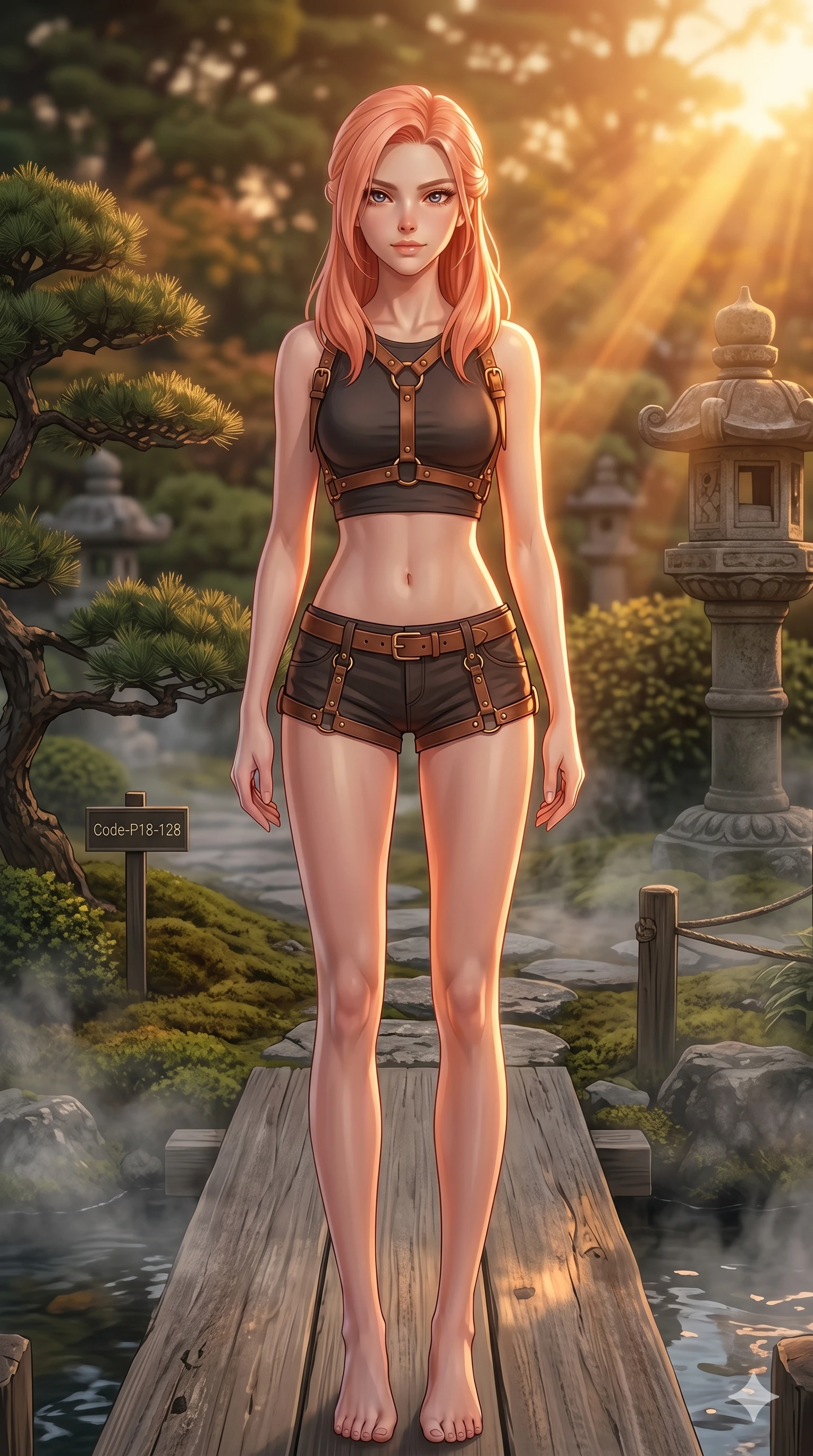 score_9, masterpiece, best quality, ultra-detailed, high-budget anime keyframe, editorial fashion photography, tasteful artistic composition, Japanese woman. cowboy shot from the thighs up, character and outfit filling the frame for maximum editorial presence. posing with quiet magnetic self-assurance, looking directly into the lens with a grin on a wooden bridge in a traditional Japanese garden with mist rising softly (Code-P18-128). She has an absolutely perfect 8-heads proportion, an exceptionally tall and slender female figure with impossibly long slender legs and an ultra-slim waist. V-shaped jawline, high-bridge nose, intricate jewel-like eyes with depth, thick eyelashes, glossy lips with a natural sheen. wearing a leather harness over crop top and micro-shorts. bathed in warm golden afternoon sunbeams, casting a warm glowing aura on her. 2k, ultra detail, master piece, 9:16 ratio