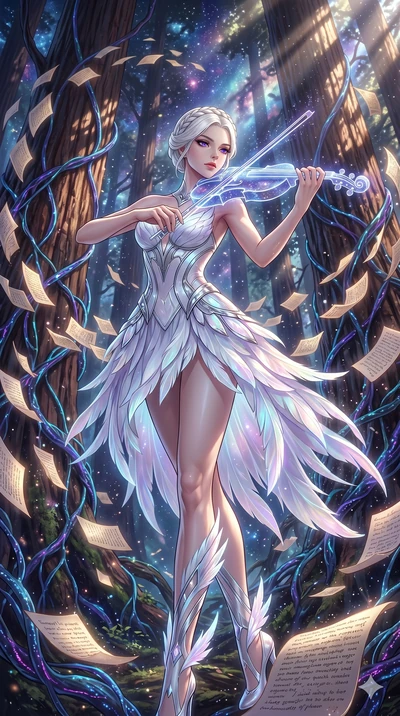 score_9, masterpiece, best quality, ultra-detailed, Set A: High-budget Anime Keyframe, Caucasian (human ears) woman. Low angle cowboy shot filling the entire 9:16 frame with her statuesque presence. Theme: Abstract Cosmic. playing a holographic violi