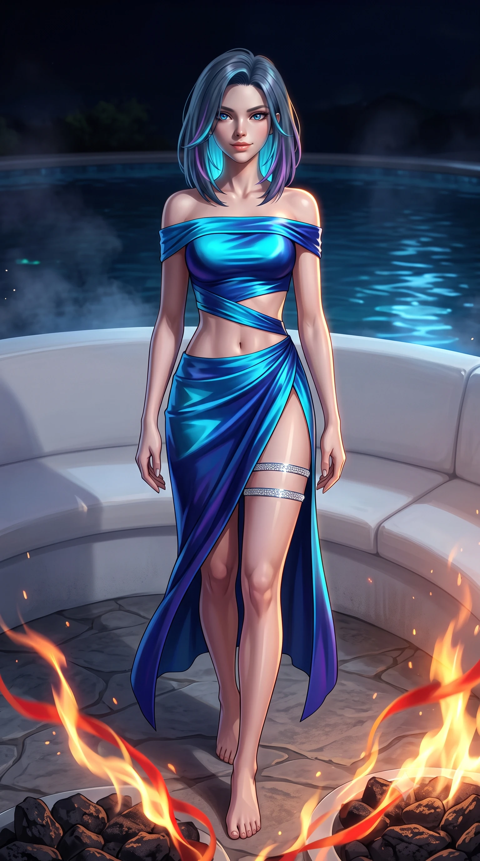 score_9, masterpiece, best quality, ultra-detailed, high-budget anime keyframe, semi-realistic 3D game render, editorial fashion photography, tasteful artistic composition, Caucasian woman. low angle full-body shot from head to toe showing her feet, filling the entire 9:16 vertical frame with her statuesque presence, stretching her vertical silhouette. stepping forward in a confident stride, her long slender legs and curvaceous hips creating a dynamic, sweeping vertical line while leaning against the white-washed curved banquette with hips cocked back, looking through flame ribbons with heavy-lidded bedroom-eyes. The surrounding environment is rendered in vivid detail and crisp panoramic clarity: sharp black volcanic fire pit basalt stones, natural stone terrace textures, and clear water ripples in deep focus. She has an exceptionally tall and slender model-like 8.5-heads proportion, an ultra-slim waist, a flat toned midriff, narrow delicate ribcage, and beautifully sculpted feminine hips creating a graceful, slim hourglass silhouette without any bulky heaviness, with impossibly long slender legs. sharp v-shaped jawline, high-bridge nose, intricate jewel-like sparkling eyes with depth, thick eyelashes, glossy parted lips with a natural peach sheen, bright cheerful beaming smile with an enchanting and coquettish sensual glint, exuding both youthful cute charm and seductive allure, flawlessly proportioned anatomical accuracy, strict slender model proportions, natural body alignment, perfectly sculpted long slender limbs, ultra-slim waistline, clean dynamic posture without body distortion. wearing a provocative off-the-shoulder crop top with asymmetrical side-torso cutouts and a high-slit wrap skirt in Singapore Marina Bay electric cyan and midnight sapphire, made of fluid liquid jersey with seamless sculpting hold and smooth contours, finished with delicate crystal-encrusted thigh garter straps glinting in the dim light, the glove-like clinging cut tightly following the natural contour of her hips and long slender legs with youthful 8.5-heads elegance. illuminated by dark pool surface reflection bounce and sharp copper-gold rim lights defining her dewy collarbones, ultra-slim waist, and curvy hips. highly saturated vibrant anime colors, detailed shading with soft gradients, rich glossy textures, high-contrast stereoscopic depth, volumetric dynamic lighting, master piece, 9:16 ratio