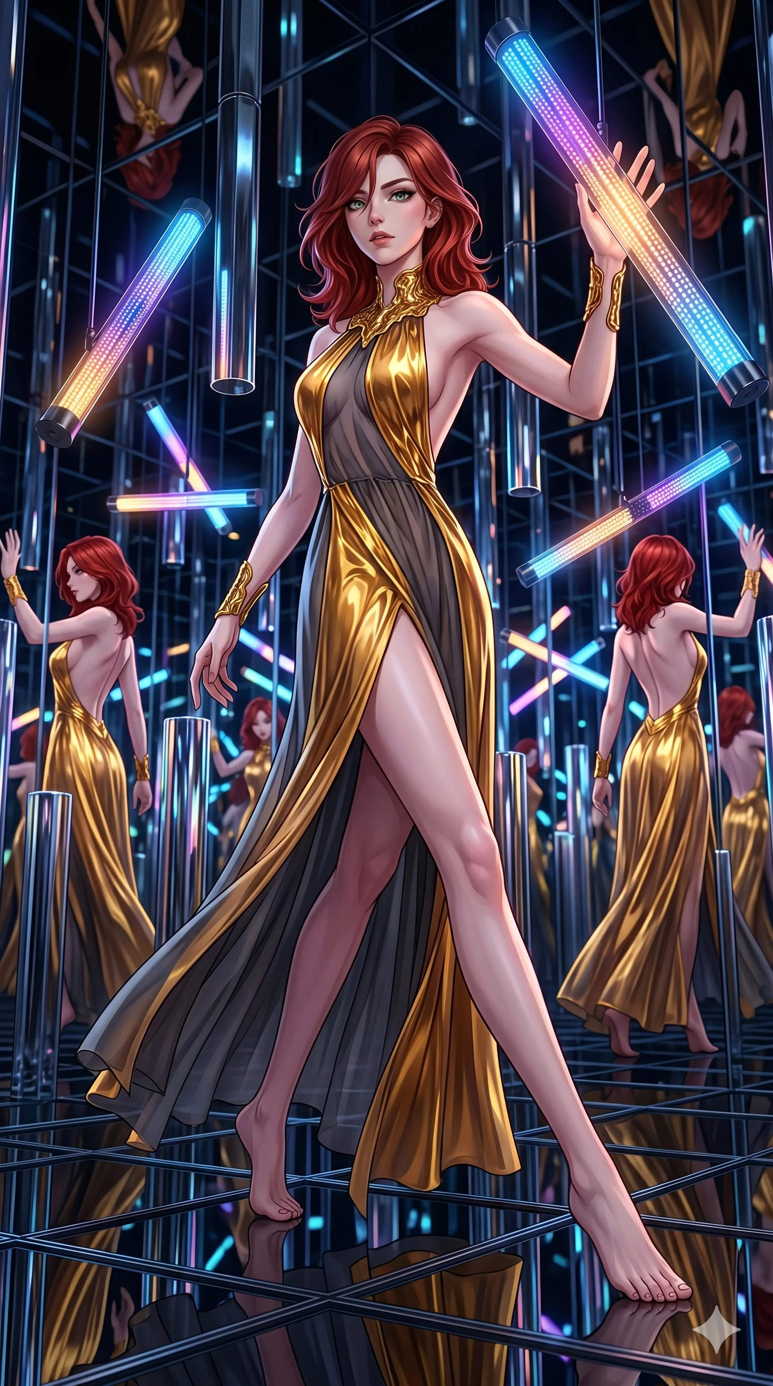 score_9, masterpiece, best quality, ultra-detailed, high-budget anime keyframe, Caucasian woman, strictly human ears. low angle full-body shot filling the entire 9:16 frame with her statuesque presence, stretching the vertical silhouette. navigating a kinetic light-sculpture mirror maze, passing between floating chromium mirror pillars and rotating LED sticks. She has an absolutely perfect 8-heads proportion, an exceptionally tall and slender female figure with impossibly long slender legs and an ultra-slim waist. V-shaped jawline, high-bridge nose, intricate jewel-like eyes with depth, thick eyelashes, glossy lips with a natural sheen.. wearing a molten gold and chiffon gown, featuring organic liquid gold collar and cuffs on a translucent charcoal-gray halter neck chiffon gown with a deep backless design. accented by dynamic color-blocked lighting with high-contrast shadows emphasizing her statuesque height. 2k, ultra detail, master piece, 9:16 ratio