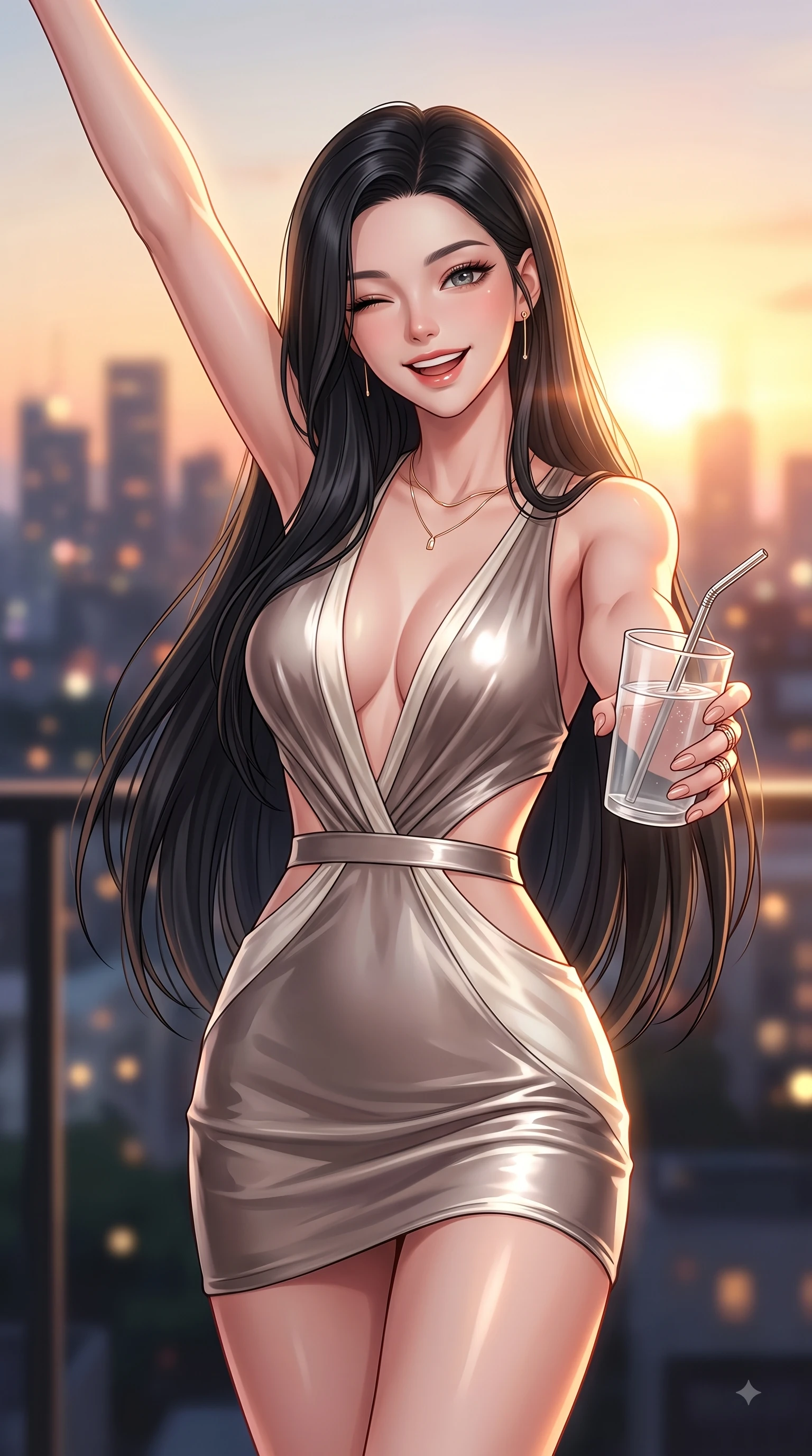 score_9, masterpiece, best quality, ultra-detailed, high-budget anime keyframe, editorial fashion photography, tasteful artistic composition, Korean woman. close-up cowboy shot from the waist and thighs up, the character dominates the composition, filling the frame with her large presence, background elements kept in soft focus. Extending one arm in an elegant stretch toward the light while smiling with vibrant, youthful self-assurance while reaching one hand out toward the camera with a joyful cute grin, holding a straw drink, city skyline silhouettes twinkling softly in the warm sunset glow. She has an exceptionally elegant, slender, and willowy female figure with an ultra-slim waist, a gracefully sculpted slender torso, and a refined silhouette. sharp v-shaped jawline, high-bridge nose, intricate jewel-like eyes with depth, thick eyelashes, glossy lips with a natural sheen, flawlessly proportioned anatomical accuracy, natural body alignment, perfectly sculpted elegant limbs, clean dynamic posture without body distortion. wearing a liquid mercury gloss mini dress with ultra-deep V-neck and waist cutouts in muted taupe and soft ivory, crafted from lustrous satin jersey with fluid draping, featuring subtle geometric cutouts that highlight her ultra-slim midriff, the sleek second-skin texture accentuating her magnetic presence. illuminated by soft glowing sunset reflections with cheerful golden rim lights. highly saturated vibrant anime colors, detailed shading with soft gradients, rich glossy textures, high-contrast stereoscopic depth, volumetric dynamic lighting, master piece, 9:16 ratio