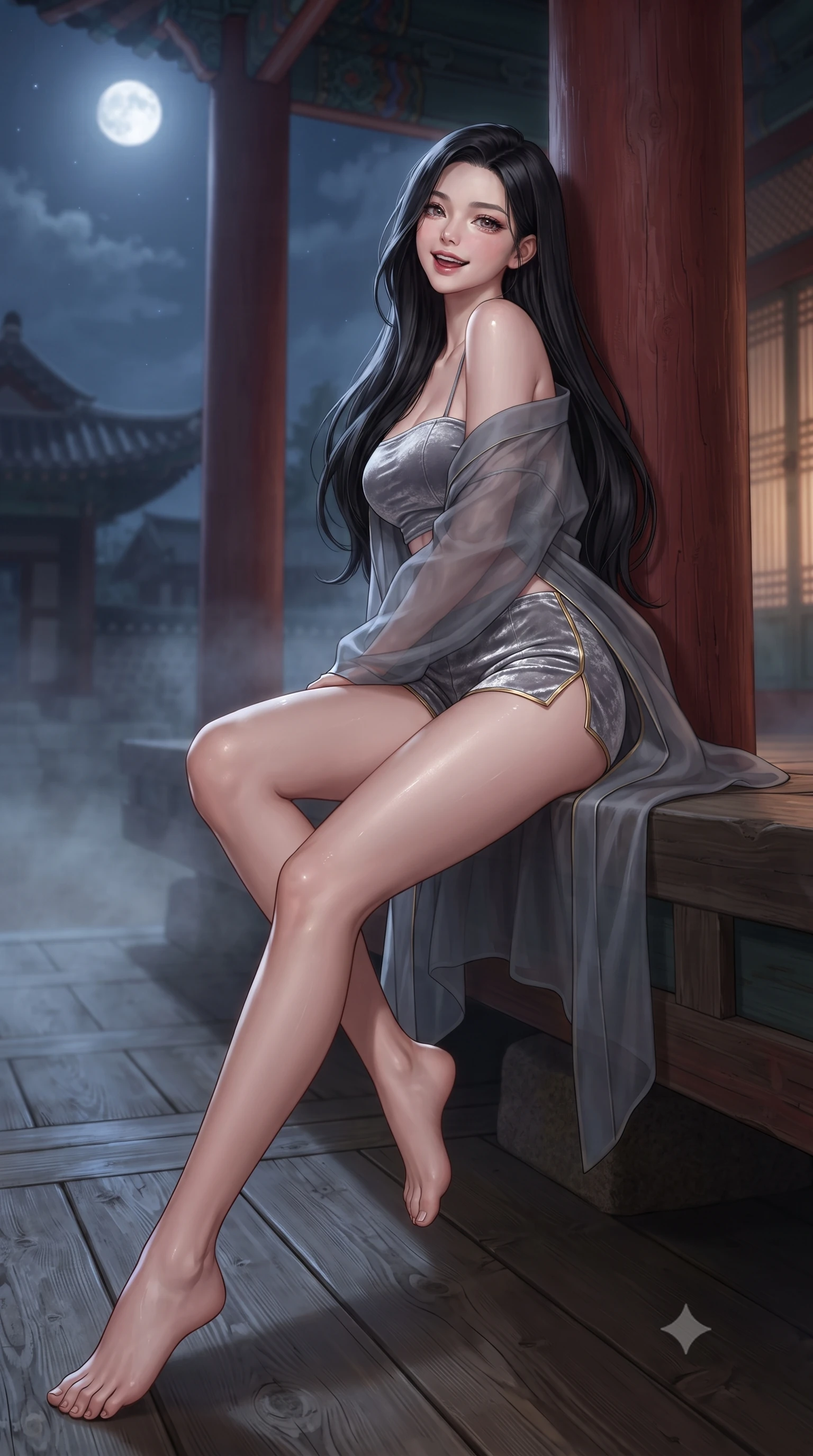 score_9, masterpiece, best quality, ultra-detailed, high-budget anime keyframe, editorial fashion photography, tasteful artistic composition, Korean woman. low angle full-body shot from head to toe showing her feet, filling the entire 9:16 vertical frame with her statuesque presence, stretching her vertical silhouette. sitting perched on the elevated pavilion terrace edge with legs crossed and hips angled toward the camera, displaying her toned midriff and long slender limbs with joyful, coquettish charm while leaning against a vermilion wooden pillar with hips cocked back, looking over a bare shoulder with an alluring, coquettish smile through drifting night mist. The surrounding environment is rendered in vivid detail and crisp panoramic clarity: detailed silk organza weave, moonlight specular reflections on skin, and classical Korean palace architecture in high resolution. She has an absolutely perfect, statuesque 8.5-heads proportion, an exceptionally tall and slender model-like female figure with impossibly long slender legs, an ultra-slim waist, a flat toned midriff, narrow delicate ribcage, and beautifully sculpted feminine hips creating a graceful, slim hourglass silhouette without any bulky heaviness. sharp v-shaped jawline, high-bridge nose, intricate jewel-like dark sparkling almond eyes with depth, thick lashes, glossy parted lips with a natural rose-plum sheen, bright alluring and coquettish smile with bedroom-eyes, exuding both timeless oriental elegance and sovereign high-fashion allure, flawlessly proportioned anatomical accuracy, strict slender model proportions, natural body alignment, perfectly sculpted long slender limbs, ultra-slim waistline, clean dynamic posture without body distortion. wearing a sheer gossamer silk robe draped casually off bare shoulders over a form-fitting strappy satin bandeau and micro-shorts in misty ink-wash slate grey and liquid silver, crafted from sumptuous crushed winter velvet with deep light-absorbing plushness, finished with sharp laser-cut side hip slits framed by gold piping, the form-fitting tailored bodice adhering flawlessly to her sculpted flat midriff and slender torso, emphasizing her long leg lines and perfectly proportioned willowy build. bathed in cold silver moonlight cascading down from a brilliant full moon overhead. ultra-reflective glossy finish, specular highlights, rich textural contrasts, high-contrast stereoscopic depth, volumetric dynamic lighting, 2k, ultra detail, master piece, 9:16 ratio
