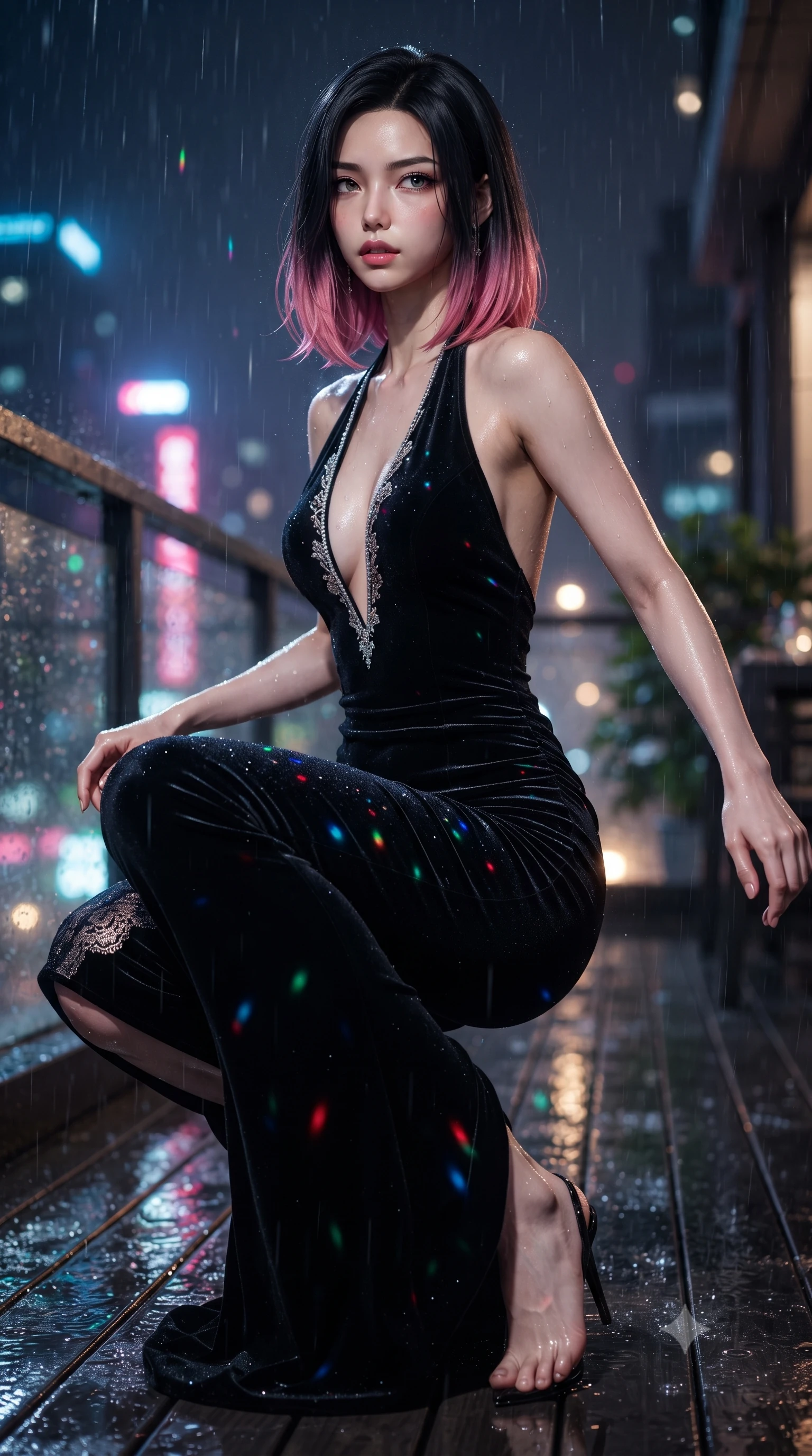 score_9, masterpiece, best quality, ultra-detailed, high-budget anime keyframe, editorial fashion photography, tasteful artistic composition, Korean woman. low angle full-body shot from head to toe showing her feet, filling the entire 9:16 vertical frame with her statuesque presence, stretching her vertical silhouette. striding forward in a proud supermodel runway stride, hips swaying in an alluring kinetic rhythm that accentuates her curvy hourglass silhouette while crouching gracefully on the rain-slicked balcony deck, glancing back with smoldering bedroom-eyes as neon reflections wash over her dress. The composition keeps background elements in soft focus with creamy bokeh. rain-slicked balcony reflections and neon light streaks scattering vivid chromatic light motes. She has an exceptionally tall and slender model-like 8.5-heads proportion, an ultra-slim waist, a flat toned midriff, narrow delicate ribcage, and beautifully sculpted feminine hips creating a graceful, slim hourglass silhouette without any bulky heaviness, with impossibly long slender legs. sharp v-shaped jawline, high-bridge nose, intricate jewel-like eyes with depth, thick eyelashes, glossy parted lips with a natural sheen, intensely captivating and seductive bedroom-eyes expression, flawlessly proportioned anatomical accuracy, strict slender model proportions, natural body alignment, perfectly sculpted long slender limbs, ultra-slim waistline, clean dynamic posture without body distortion. wearing a plunging halter-neck metallic lamé column dress with a dramatic bare spine and hip-defining ruching in pitch-black velvet with diamond crystal trim, formed from shimmering floral lace over smooth opaque silk lining, finished with delicate crystal frost embroidery tracing the plunging neckline, the glove-like aerodynamic silhouette tightly following the natural contour of her hips and long slender legs with statuesque 8.5-heads elegance. surrounded by a sovereign, enigmatic, and breathlessly seductive Shanghai heiress aura. ultra-reflective glossy finish, specular highlights, rich textural contrasts, high-contrast stereoscopic depth, volumetric dynamic lighting, 2k, ultra detail, master piece, 9:16 ratio
