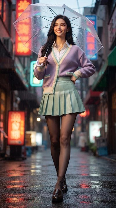 score_9, masterpiece, best quality, ultra-detailed, high-budget anime keyframe, editorial fashion photography, tasteful artistic composition, Korean woman. low angle full-body shot from head to toe showing her feet, filling the entire 9:16 vertical f