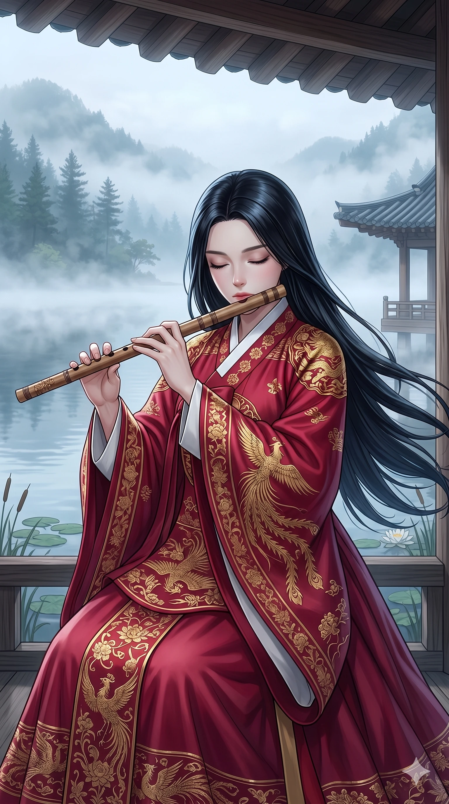 score_9, score_8_up, score_7_up, source_anime, masterpiece, best quality, ultra-detailed, same character with long flowing black hair, wearing a traditional red and gold hanfu dress, upper body close-up from thigh up filling the screen, playing a traditional wooden flute with closed eyes, serene lakeside pavilion, misty morning, 2k, 9:16 ratio