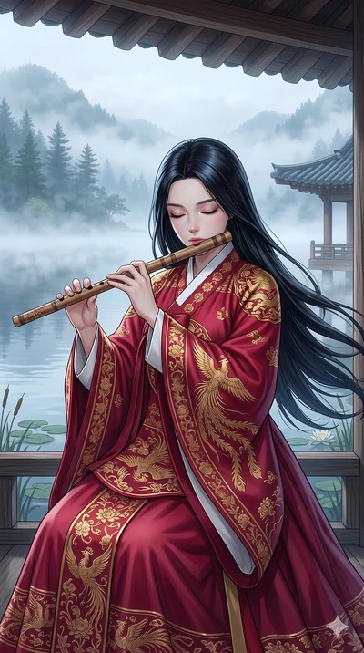 score_9, score_8_up, score_7_up, source_anime, masterpiece, best quality, ultra-detailed, same character with long flowing black hair, wearing a traditional red and gold hanfu dress, upper body close-up from thigh up filling the screen, playing a tra