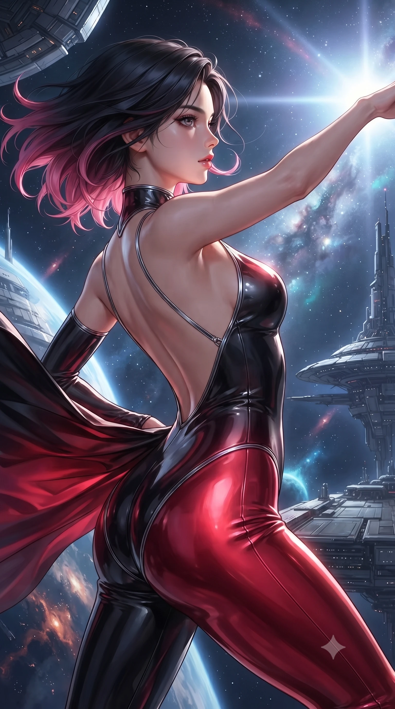 score_9, masterpiece, best quality, ultra-detailed, high-budget anime keyframe, editorial fashion photography, tasteful artistic composition, Korean woman. close-up cowboy shot from the waist and thighs up, the character dominates the composition, filling the frame with her large presence. extending one arm gracefully toward the light while her torso arches in a sleek, alluring curve with magnetic intensity while arching her back in mid-air as zero-gravity causes her outfit and dark hair to billow in weightless grace. The surrounding environment is rendered in vivid detail and crisp panoramic clarity. epic deep space scale and advanced starship architectural details rendered with environmental sharpness. She has an exceptionally elegant, slender, and willowy female figure with an ultra-slim waist, a gracefully sculpted slender torso, and a refined silhouette. sharp v-shaped jawline, high-bridge nose, intricate jewel-like eyes with depth, thick eyelashes, glossy lips with a natural sheen, flawlessly proportioned anatomical accuracy, natural body alignment, perfectly sculpted elegant limbs, clean dynamic posture without body distortion. wearing a liquid chrome micro-bodysuit sculpted tightly to her figure, featuring razor-thin metallic straps and an open back in glossy obsidian black and radiant crimson red, made of liquid metal jersey that clings flawlessly to every contour of her build, complemented by criss-cross back straps highlighting her completely bare spine, the form-contouring second-skin material highlighting her ultra-slim waist and long lines. surrounded by a sublime, infinite, and breathtakingly divine cosmic goddess aura. ultra-reflective glossy finish, specular highlights, metallic sheen, high-contrast stereoscopic depth, volumetric dynamic lighting, 2k, ultra detail, master piece, 9:16 ratio