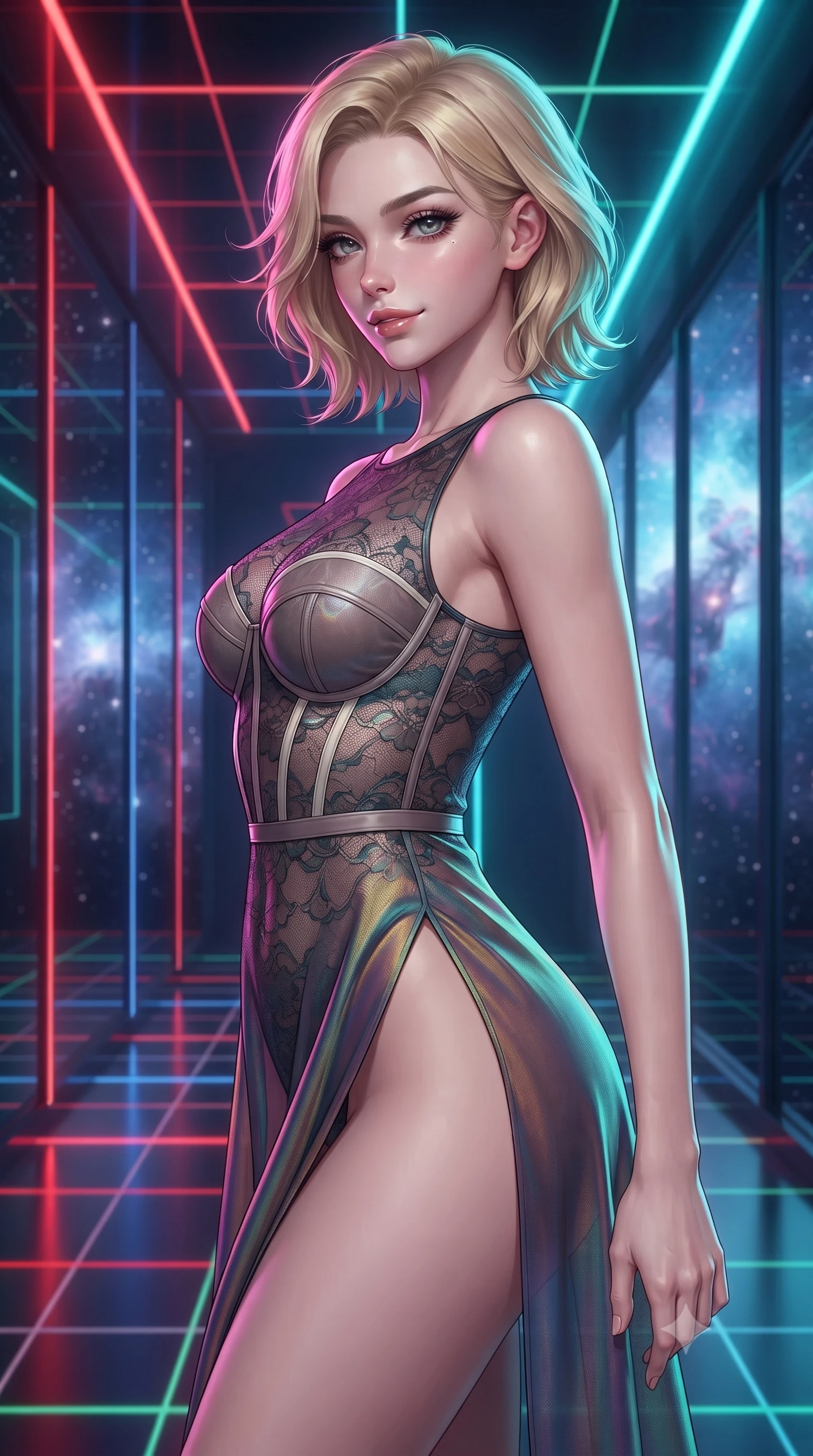 score_9, masterpiece, best quality, ultra-detailed, high-budget anime keyframe, editorial fashion photography, tasteful artistic composition, Caucasian woman. close-up cowboy shot from the waist and thighs up, the character dominates the composition, filling the frame with her large presence, background elements kept in soft focus. Glancing sidelong over her shoulder with a smoldering half-smile and heavy lashes navigating a corridor of shifting laser light grids and mirror walls, starlight and cosmic nebula clouds glowing through the floor-to-ceiling glass. She has an exceptionally elegant, slender, and willowy female figure with an ultra-slim waist, a gracefully sculpted slender torso, and a refined silhouette. sharp v-shaped jawline, high-bridge nose, intricate jewel-like eyes with depth, thick eyelashes, glossy lips with a natural sheen. wearing a sheer dark lace pattern bodysuit with structured corsetry boning in muted taupe and soft ivory, crafted from iridescent chiffon that shifts colors in the light, finished with a sleek side slit ascending to mid-thigh, the sleek second-skin texture accentuating her magnetic presence. bathed in brilliant neon cyan and magenta rim light with clean white ambient glow. highly saturated vibrant anime colors, detailed shading with soft gradients, rich glossy textures, high-contrast stereoscopic depth, volumetric dynamic lighting, master piece, 9:16 ratio