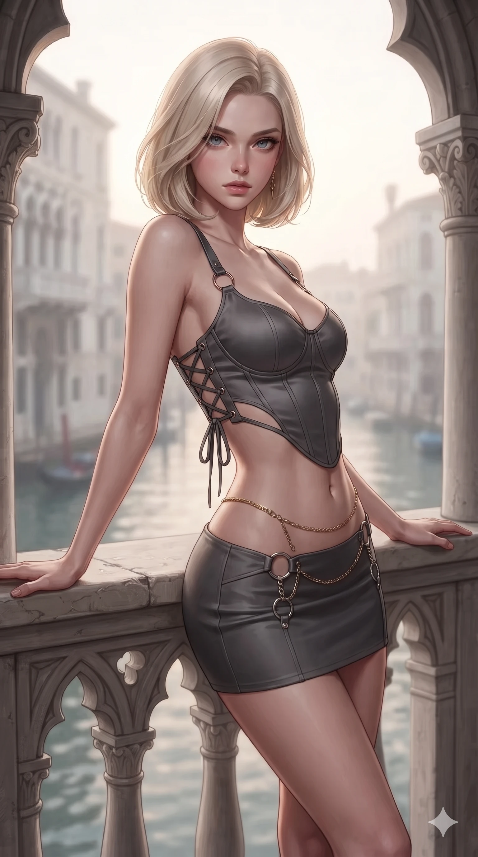 score_9, masterpiece, best quality, ultra-detailed, high-budget anime keyframe, editorial fashion photography, tasteful artistic composition, Caucasian woman. close-up cowboy shot from the waist and thighs up, the character dominates the composition, filling the frame with her large presence. leaning forward while arching her lower back to accentuate her curvy hips, looking into the camera with an intoxicating smoldering gaze and bedroom-eyes while twisting her slender torso in an alluring S-curve between gothic trefoil arch columns, soft dawn speculars glinting off her narrow waist and curvy hips. The background shows a soft-focus Venetian canal dawn haze softened in gothic palazzo balcony shallow focus. She has an exceptionally elegant, slender, and willowy female figure with an ultra-slim waist, flat toned midriff, narrow ribcage, and sculpted feminine hips creating an alluring, slim hourglass silhouette without bulk. sharp v-shaped jawline, high-bridge nose, intricate jewel-like sparkling eyes with depth, thick eyelashes, glossy parted lips with a natural sheen, intensely captivating and seductive bedroom-eyes expression, exuding both youthful cute charm and sovereign luxury allure, flawlessly proportioned anatomical accuracy, strict slender model proportions, natural body alignment, perfectly sculpted long slender limbs, ultra-slim waistline, clean dynamic posture without body distortion. wearing a sculpted matte satin underwire crop corset with lace-up side ties paired with a low-rise micro skirt in charcoal grey and polished chrome, adorned with delicate chrome ring hardware and cutouts along her slender waist, accented with a delicate gold chain belt resting loosely on her curvy hips, the glove-like clinging cut tightly following the natural contour of her hips and long slender legs with youthful 8.5-heads elegance. illuminated by canal surface reflection bounce and sharp golden-amber rim lights sculpting her razor-sharp jawline, narrow waist, and curvy hips. ultra-reflective glossy finish, specular highlights, rich textural contrasts, high-contrast stereoscopic depth, volumetric dynamic lighting, 2k, ultra detail, master piece, 9:16 ratio