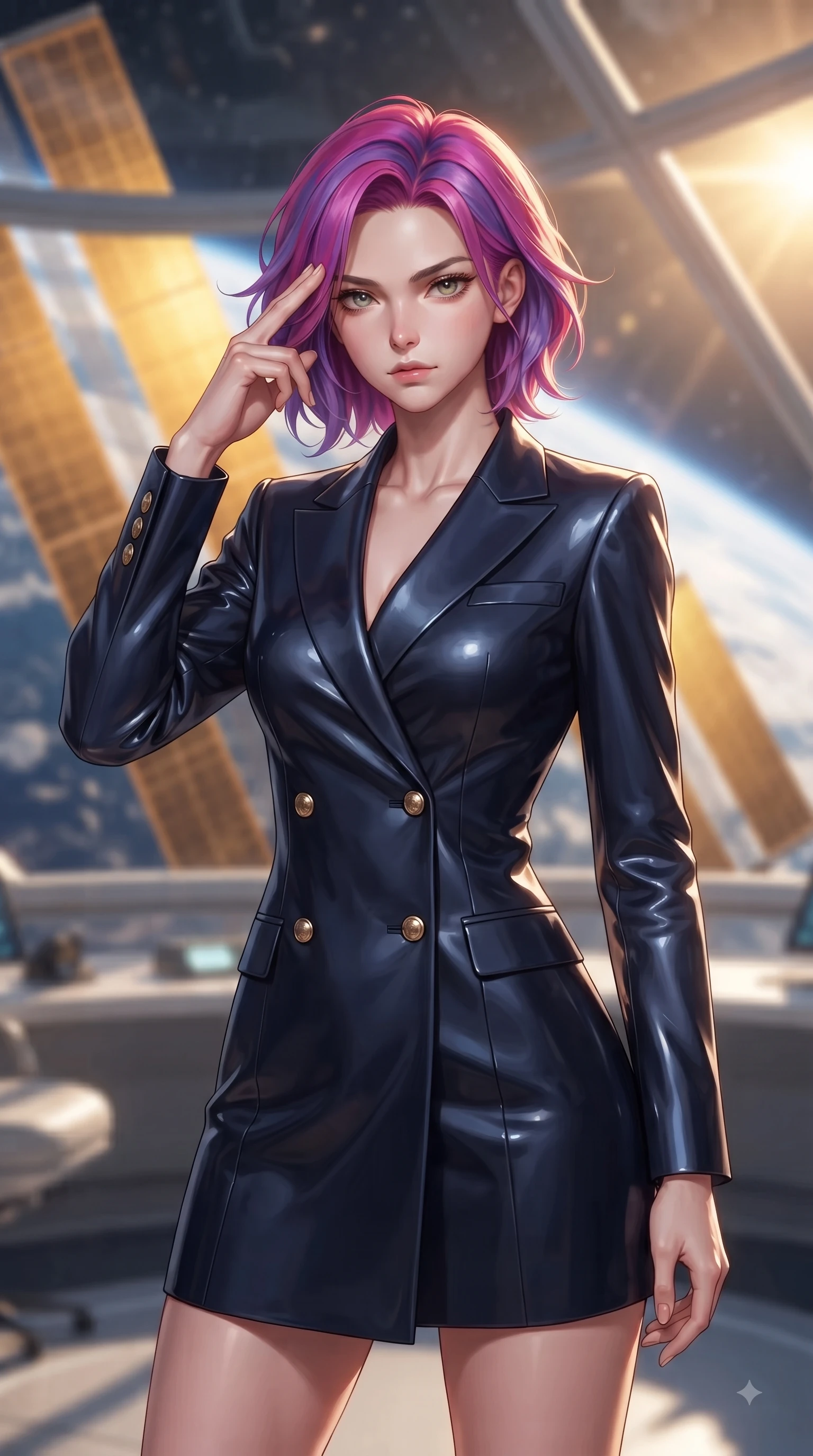 score_9, masterpiece, best quality, ultra-detailed, high-budget anime keyframe, editorial fashion photography, tasteful artistic composition, Caucasian woman woman. close-up cowboy shot from the waist and thighs up, the character dominates the composition, filling the frame with her large presence, background elements kept in soft focus. She has an exceptionally elegant, slender, and willowy female figure with an ultra-slim waist, a gracefully sculpted slender torso, and a refined silhouette. pressing two fingers to her temple in a composed gesture, gazing past the camera with sharp focus, flawlessly proportioned anatomical accuracy, natural body alignment, perfectly sculpted elegant limbs, clean dynamic posture without body distortion. set against a soft-focus background of an orbital solarium deck with giant gold solar panels overlooking Earth. wearing a sophisticated navy double-breasted blazer dress with gold button accents. bathed in intense golden hour solar light slicing through glass ceiling panels. ultra-reflective glossy finish, specular highlights, metallic sheen, high-contrast stereoscopic depth, volumetric dynamic lighting, 2k, ultra detail, master piece, 9:16 ratio