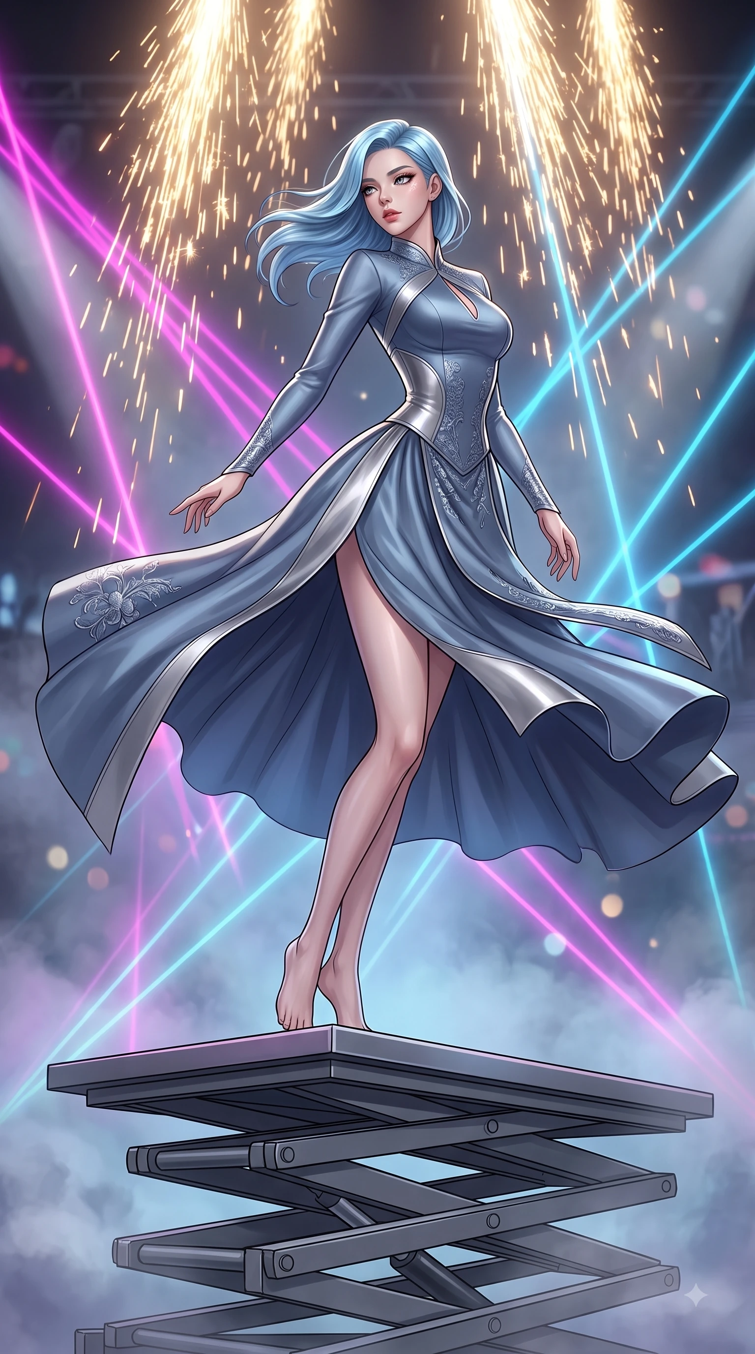 score_9, masterpiece, best quality, ultra-detailed, high-budget anime keyframe, editorial fashion photography, tasteful artistic composition, Korean woman. low angle full-body shot from head to toe showing her feet, filling the entire 9:16 vertical frame with her statuesque presence, stretching her vertical silhouette. pivoting dynamically in zero-gravity with fluid S-curve alignment, displaying her perfect model proportions while poised on a hydraulic lift platform as golden pyrotechnic sparks rain down behind her, intense volumetric laser beams cutting through stage fog in magenta and cyan. She has an absolutely perfect, statuesque 8.5-heads proportion, an exceptionally tall and slender model-like female figure with impossibly long slender legs and an ultra-slim waist. sharp v-shaped jawline, high-bridge nose, intricate jewel-like eyes with depth, thick eyelashes, glossy lips with a natural sheen, flawlessly proportioned anatomical accuracy, natural body alignment, perfectly sculpted elegant limbs, clean dynamic posture without body distortion. wearing a modern fusion silk hanbok dress with a structured bodice and flowing skirt in slate blue and metallic silver, formed from sleek second-skin neoprene, accented with a Tasteful chest slit framing her clavicle gracefully, the form-contouring material highlighting her ultra-slim waist and long lines. surrounded by an electric, high-energy performer aura with sharp shadows. ultra-reflective glossy finish, specular highlights, metallic sheen, high-contrast stereoscopic depth, volumetric dynamic lighting, 2k, ultra detail, master piece, 9:16 ratio