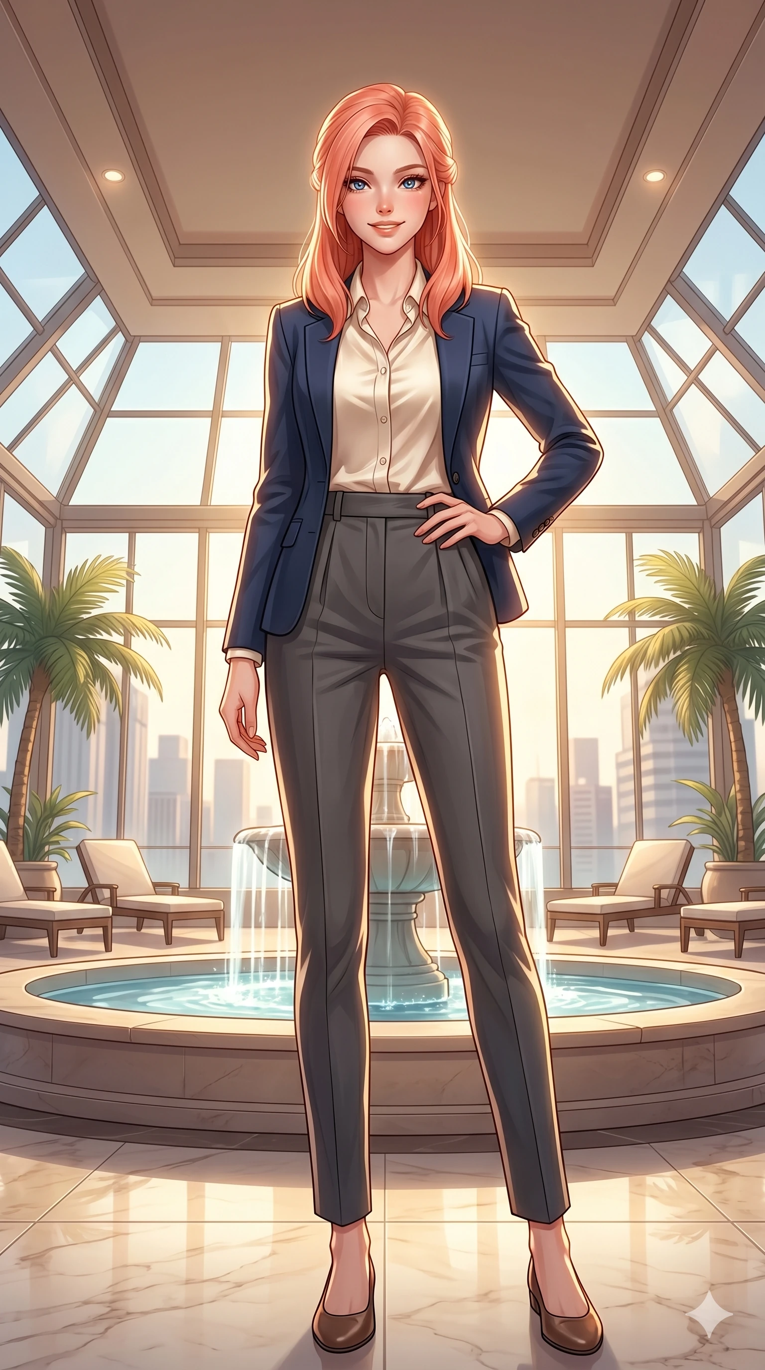 score_9, masterpiece, best quality, ultra-detailed, high-budget anime keyframe, vibrant anime aesthetic, Japanese woman. low angle full-body shot from head to toe showing her feet, filling the entire 9:16 vertical frame with her statuesque presence, stretching her vertical silhouette. She is posing with a warm, inviting smile, her eyes glowing with positive energy inside a luxury spa lobby with an indoor heated fountain and warm lights (Code-P21-026). She has an absolutely perfect 8-heads proportion, an exceptionally tall and slender female figure with impossibly long slender legs and an ultra-slim waist. V-shaped jawline, high-bridge nose, intricate jewel-like eyes with depth, thick eyelashes, glossy lips with a natural sheen. wearing a tailored suit jacket over a satin shirt and pleated trousers in winter. She is drenched in warm morning sunshine filtering through the conservatory glass, tracing her winter fit. 2k, ultra detail, master piece, 9:16 ratio