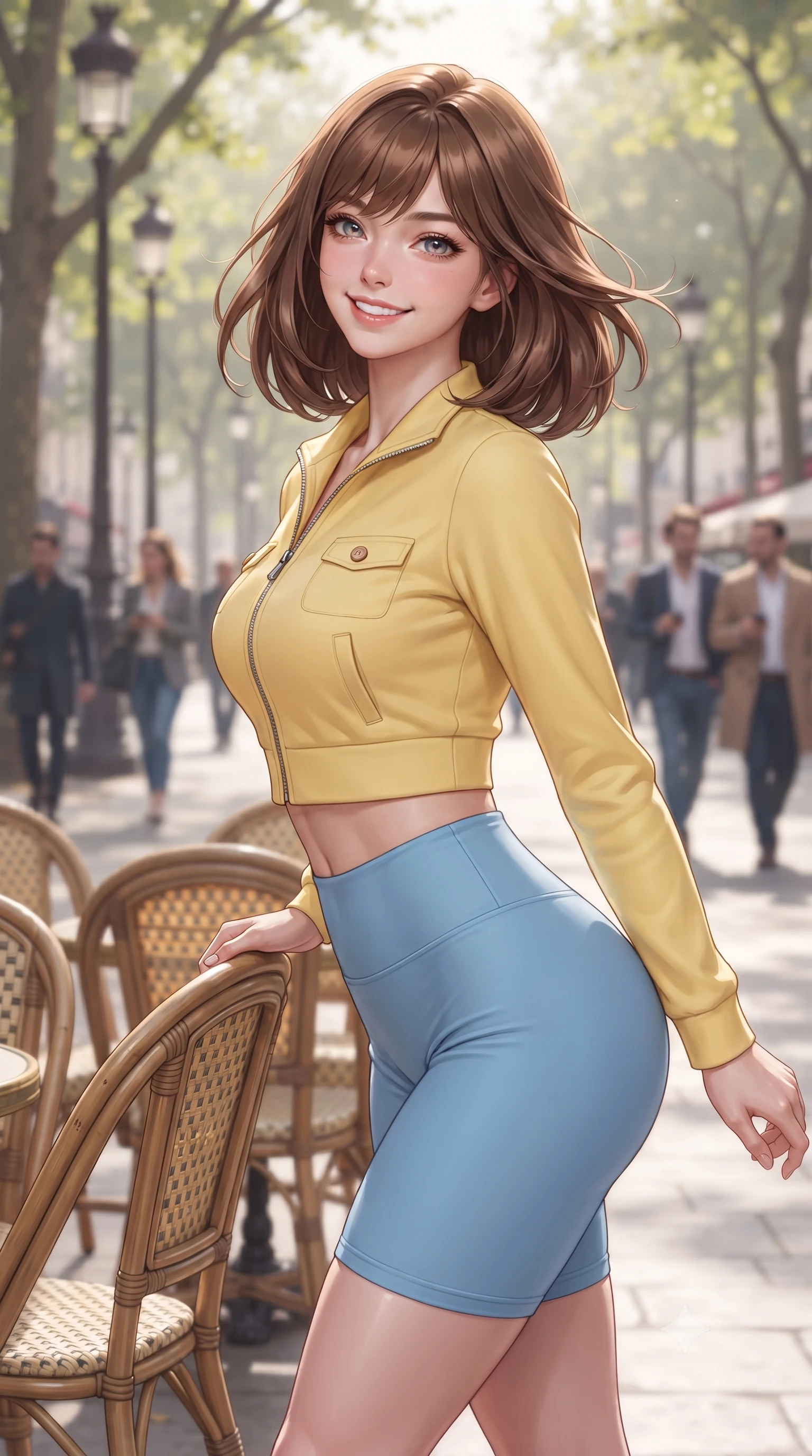 score_9, masterpiece, best quality, ultra-detailed, high-budget anime keyframe, editorial fashion photography, tasteful artistic composition, Caucasian woman. close-up cowboy shot from the waist and thighs up, the character dominates the composition, filling the frame with her large presence. turning playfully with a bright confident smile, her glossy hair tossing in the breeze as her hips angle gracefully in a captivating contrapposto while standing poised beside the woven rattan chairs, twisting her slender torso in an alluring contrapposto stance as morning light filters through plane trees. The composition keeps background elements in soft focus with dreamy creamy bokeh. passing stylish pedestrians and vintage streetlamps softened in romantic Parisian shallow focus. She has an exceptionally elegant, slender, and willowy female figure with an ultra-slim waist, flat toned midriff, narrow ribcage, and sculpted feminine hips creating an alluring, slim hourglass silhouette without bulk. sharp v-shaped jawline, high-bridge nose, intricate jewel-like sparkling eyes with depth, thick eyelashes, glossy parted lips with a natural peach sheen, bright cheerful beaming smile with an enchanting and coquettish sensual glint, exuding both youthful cute charm and seductive allure, flawlessly proportioned anatomical accuracy, strict slender model proportions, natural body alignment, perfectly sculpted long slender limbs, ultra-slim waistline, clean dynamic posture without body distortion. wearing a sporty chic zip-up crop jacket paired with high-waisted biker shorts clinging to her athletic hips in sunny daffodil yellow and clear sky blue, crafted from liquid-tight stretch jersey emphasizing every curve, finished with neat front wooden buttons and delicate pocket details, the form-fitting cut adhering flawlessly to her sculpted flat midriff and slender torso, emphasizing her long leg lines and perfectly proportioned willowy build. bathed in soft, flattering morning Parisian sunlight filtering through tree canopies. ultra-reflective glossy finish, specular highlights, rich textural contrasts, high-contrast stereoscopic depth, volumetric dynamic lighting, 2k, ultra detail, master piece, 9:16 ratio