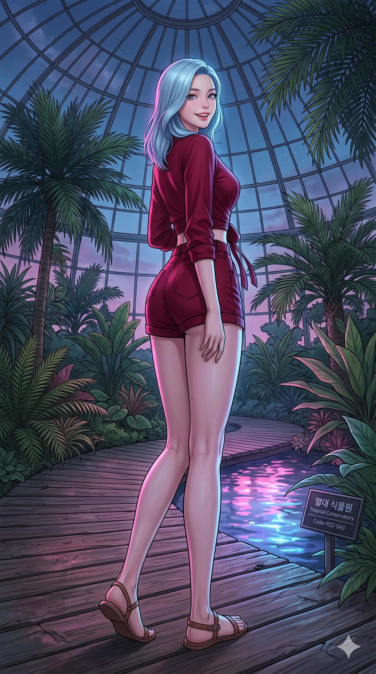 score_9, masterpiece, best quality, ultra-detailed, high-budget anime keyframe, vibrant anime aesthetic, Korean woman. low angle full-body shot from head to toe showing her feet, filling the entire 9:16 vertical frame with her statuesque presence, stretching her vertical silhouette. She is looking over her shoulder, smiling cheerfully at the viewer, with a bright, joyful gaze under the glass conservatory dome. on a wooden boardwalk winding through a botanical garden greenhouse filled with exotic palms, under a glass dome (Code-P22-043). She has an absolutely perfect 8-heads proportion, an exceptionally tall and slender female figure with impossibly long slender legs and an ultra-slim waist. V-shaped jawline, high-bridge nose, intricate jewel-like eyes with depth, thick eyelashes, glossy lips with a natural sheen. wearing a cropped wrap shirt and high-waisted shorts in deep crimson. She is lit by bright neon light reflections in water puddles, creating a glowing twilight aura, casting soft shadows that enhance her features in the cozy indoor garden. 2k, ultra detail, master piece, 9:16 ratio