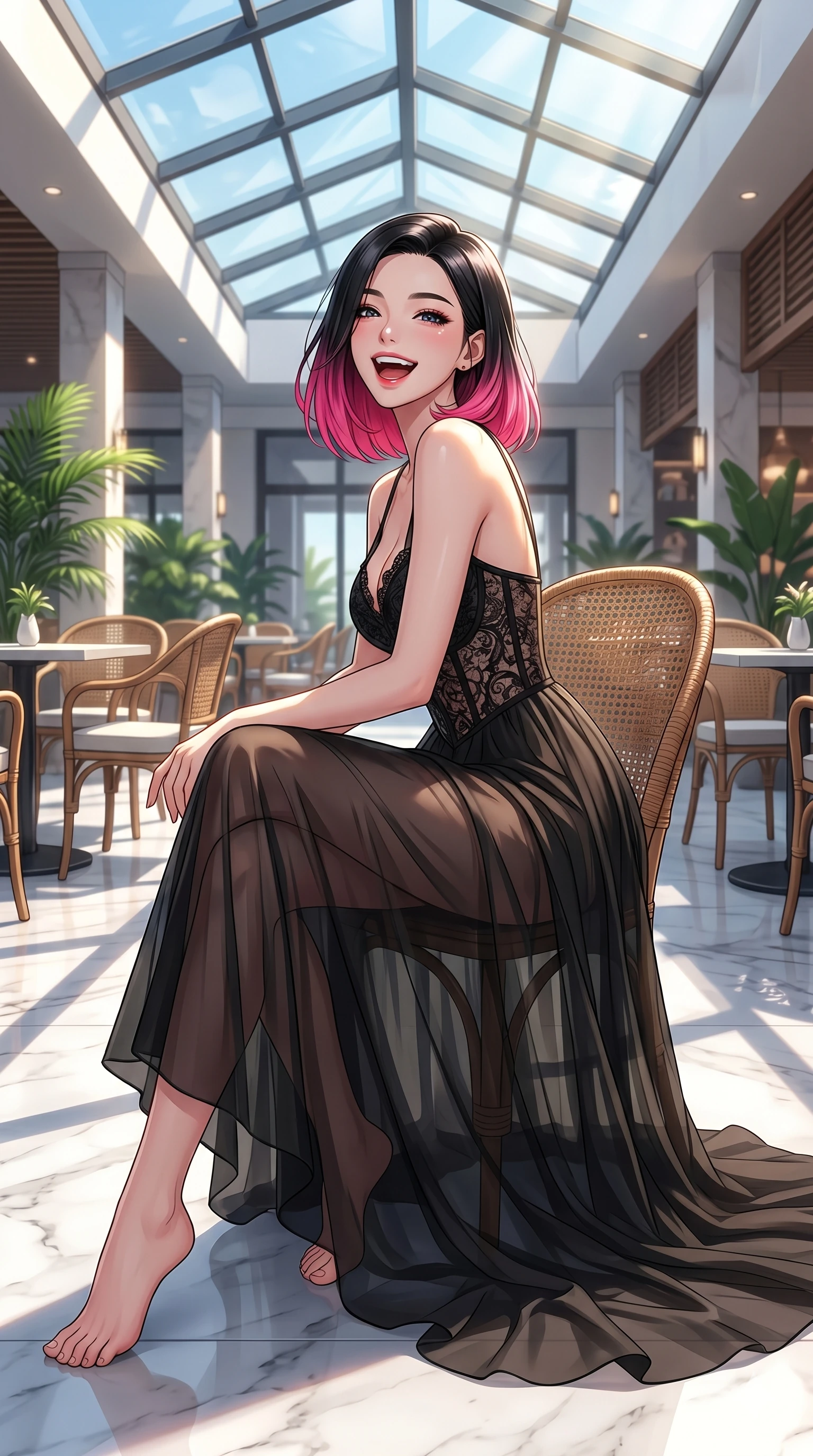 score_9, masterpiece, best quality, ultra-detailed, high-budget anime keyframe, vibrant anime aesthetic, Korean woman. cowboy shot from the thighs up, character and outfit filling the frame for maximum presence. She is sitting on a cafe terrace, looking over her shoulder with a cheerful laugh by a resort lobby patio under a clear skylight (Code-P20-190). She has an absolutely perfect 8-heads proportion, an exceptionally tall and slender female figure with impossibly long slender legs and an ultra-slim waist. V-shaped jawline, high-bridge nose, intricate jewel-like eyes with depth, thick eyelashes, glossy lips with a natural sheen. wearing a semi-transparent chiffon gown featuring a black lace corset bodice. She is illuminated by brilliant sunbeams casting sharp shadows on the clean marble floor. 2k, ultra detail, master piece, 9:16 ratio