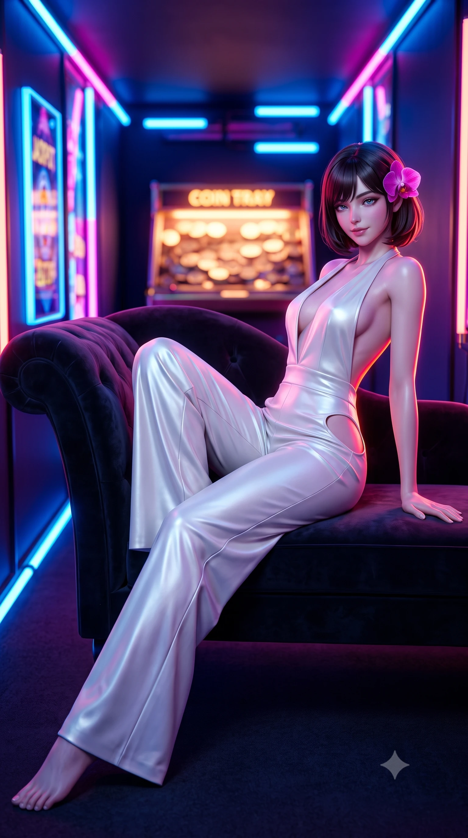score_9, masterpiece, best quality, ultra-detailed, high-budget anime keyframe, semi-realistic 3D game render, editorial fashion photography, tasteful artistic composition, Caucasian woman. low angle full-body shot from head to toe showing her feet, filling the entire 9:16 vertical frame with her statuesque presence, stretching her vertical silhouette. reclining gracefully across the plush chaise lounge with one leg extended, her sculpted silhouette and flat midriff radiating magnetic nocturnal glamour while standing poised in the narrow neon gaming corridor, arching her spine as jackpot strobe lights flash across her curves. The background shows a soft-focus coin tray glows softened in dynamic arcade shallow focus. She has an absolutely perfect, statuesque 8.5-heads proportion, an exceptionally tall and slender model-like female figure with impossibly long slender legs, an ultra-slim waist, a flat toned midriff, narrow delicate ribcage, and beautifully sculpted feminine hips creating a graceful, slim hourglass silhouette without any bulky heaviness. sharp v-shaped jawline, high-bridge nose, sparkling eyes with hypnotic seductive depth, thick curled eyelashes, glossy parted lips with a natural dewy peach sheen, alluring bedroom-eyes with an enchanting coquettish smile, exuding magnetic siren charisma and sophisticated glamour, flawlessly proportioned anatomical accuracy, strict slender model proportions, natural body alignment, perfectly sculpted long slender limbs, ultra-slim waistline, clean dynamic posture without body distortion. wearing a backless plunge-front second-skin satin jumpsuit with fluid wide legs and laser-cut hip openings in pure pearl alabaster with liquid platinum sheen, woven from buttery-soft stretch lambskin leather adhering to her body like a second skin, accented with a fresh-bloomed exotic magenta orchid tucked gracefully into her dark glossy hair, the precision-cut side openings and low-back scoop framing her graceful spine and the sensual sweep of her slim, toned hips. illuminated by coin tray bounce and sharp magenta-gold rim lights sculpting her jawline, flat midriff, and voluptuous hip curves. highly saturated vibrant anime colors, detailed shading with soft gradients, rich glossy textures, high-contrast stereoscopic depth, volumetric dynamic lighting, master piece, 9:16 ratio