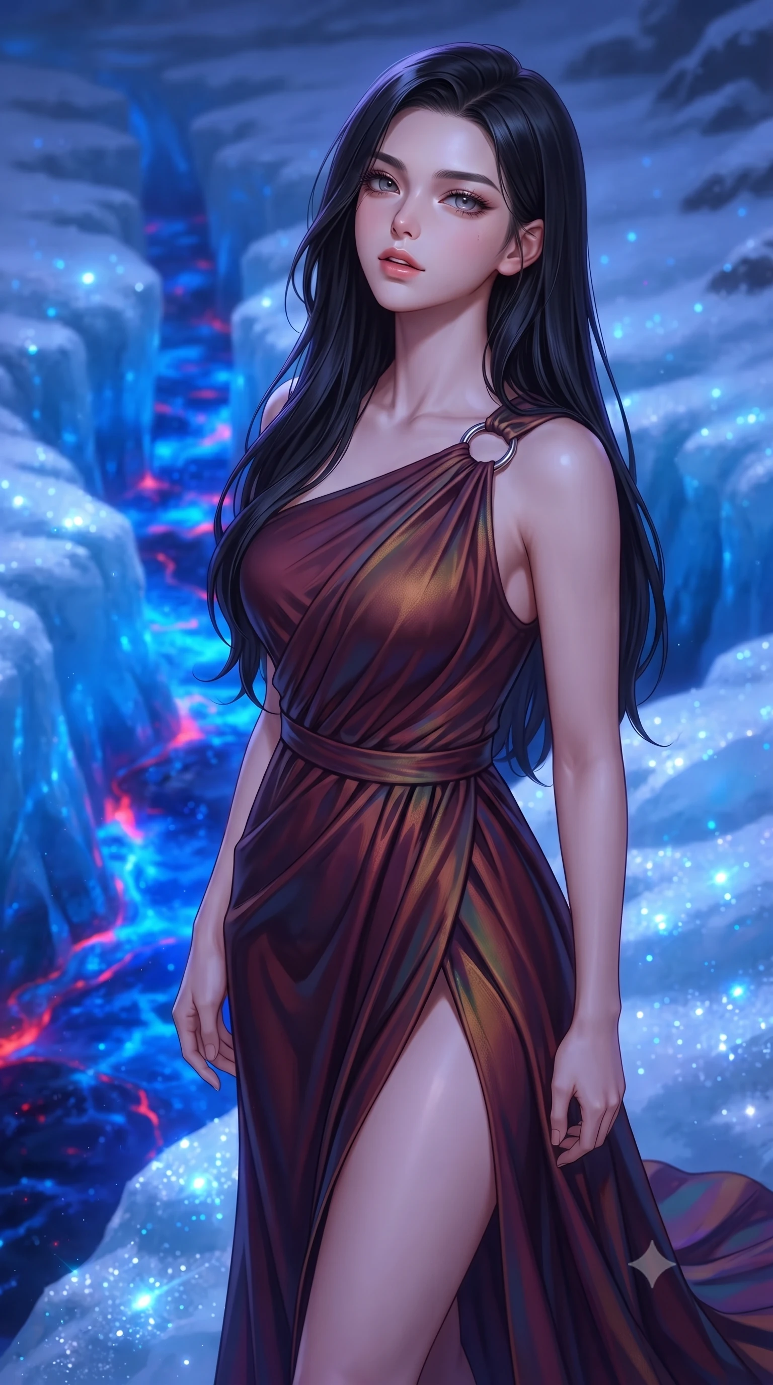 score_9, masterpiece, best quality, ultra-detailed, high-budget anime keyframe, editorial fashion photography, tasteful artistic composition, Korean woman. close-up cowboy shot from the waist and thighs up, the character dominates the composition, filling the frame with her large presence, background elements kept in soft focus. Tilting her chin up slightly with lips parted in a magnetic, composed expression standing beside a glacial fissure flowing with hot glowing cobalt blue magma, glistening frost surfaces scattering brilliant blue specular highlights. She has an exceptionally elegant, slender, and willowy female figure with an ultra-slim waist, a gracefully sculpted slender torso, and a refined silhouette. sharp v-shaped jawline, high-bridge nose, intricate jewel-like eyes with depth, thick eyelashes, glossy lips with a natural sheen. wearing an asymmetrical Grecian draped chiffon gown with a metallic shoulder ring in deep burgundy and bronze, crafted from iridescent chiffon that shifts colors in the light, finished with a sleek side slit ascending to mid-thigh, the glove-like fit emphasizing her statuesque silhouette. bathed in high-contrast blue and violet spectral lighting. highly saturated vibrant anime colors, detailed shading with soft gradients, rich glossy textures, high-contrast stereoscopic depth, volumetric dynamic lighting, master piece, 9:16 ratio