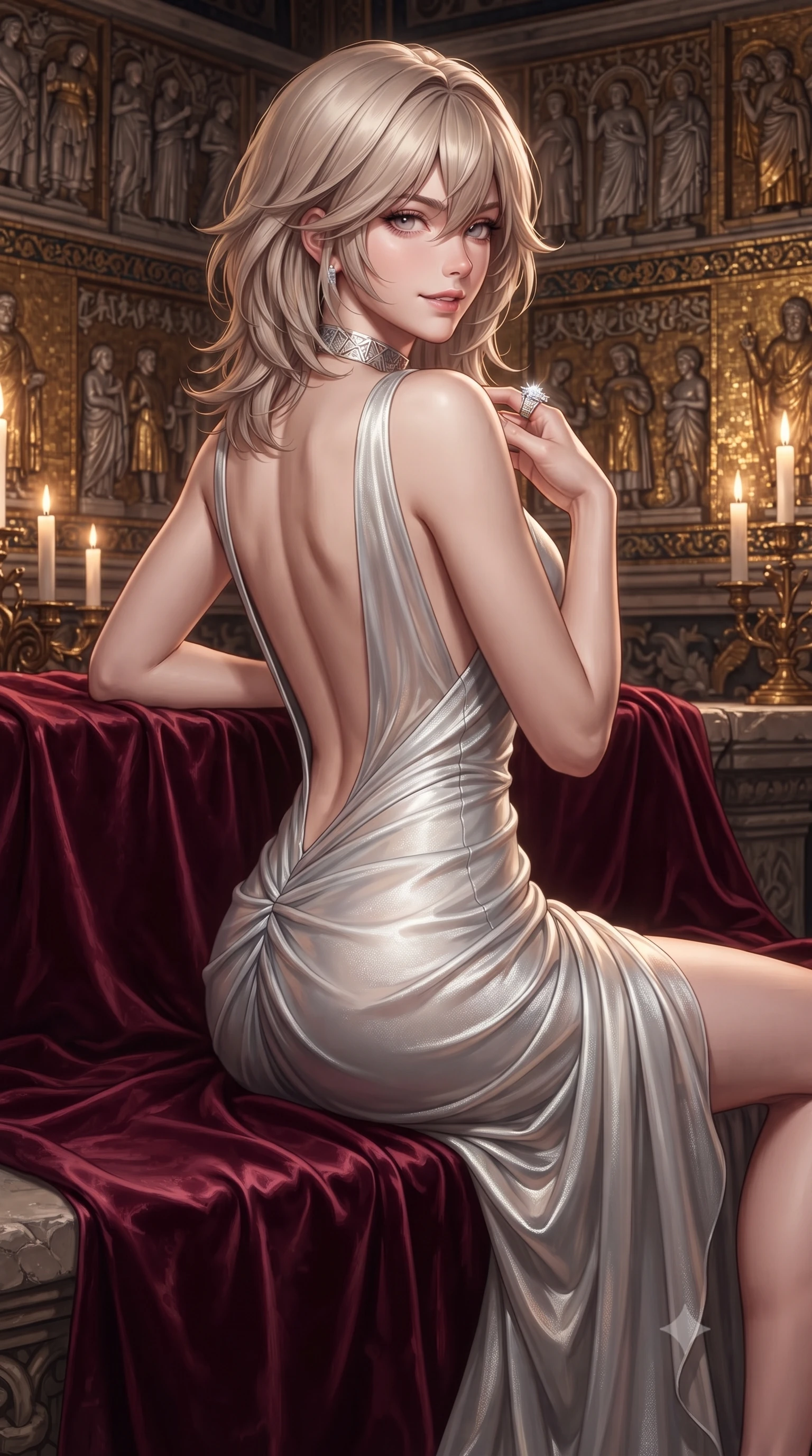 score_9, masterpiece, best quality, ultra-detailed, high-budget anime keyframe, editorial fashion photography, tasteful artistic composition, Japanese woman. close-up cowboy shot from the waist and thighs up, the character dominates the composition, filling the frame with her large presence. turning over a bare shoulder with an intoxicating, teasing smile, her soft hair framing her sharp jawline as her hips angle gracefully while reclining languidly on a velvet-draped stone priedieu, her slender waist and feminine curves sculpted by shimmering gold-leaf reflections. The surrounding environment is rendered in vivid detail and crisp panoramic clarity. detailed gown velvet texture, gold jewelry glints, and ancient Venetian architectural reliefs in high resolution. She has an exceptionally elegant, slender, and willowy female figure with an ultra-slim waist, flat toned midriff, narrow ribcage, and sculpted feminine hips creating an alluring, slim hourglass silhouette without bulk. sharp v-shaped jawline, high-bridge nose, intricate jewel-like eyes with depth, thick eyelashes, glossy parted lips with a natural sheen, intensely captivating and seductive bedroom-eyes expression, flawlessly proportioned anatomical accuracy, strict slender model proportions, natural body alignment, perfectly sculpted long slender limbs, ultra-slim waistline, clean dynamic posture without body distortion. wearing a liquid-silk jersey evening gown with an ultra-deep plunging open back descending to the base of her spine and a sculpted hip-hugging skirt in shimmering silver mercury and pearl white, woven from layered gossamer chiffon with a weightless sweeping drape, complemented by a bold geometric choker and sparkling cocktail ring, the dramatically scooped open back descending to the base of her spine, accentuating her razor-sharp statuesque lines and slim hourglass silhouette. bathed in warm, mystical candlelight reflecting off thousands of golden glass mosaic tiles. ultra-reflective glossy finish, specular highlights, rich textural contrasts, high-contrast stereoscopic depth, volumetric dynamic lighting, 2k, ultra detail, master piece, 9:16 ratio