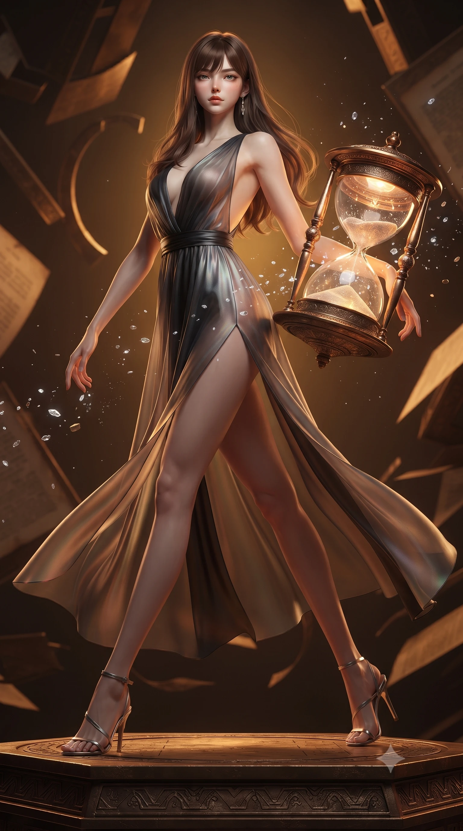 score_9, masterpiece, best quality, ultra-detailed, high-budget anime keyframe, editorial fashion photography, tasteful artistic composition, Korean woman. low angle full-body shot from head to toe showing her feet, filling the entire 9:16 vertical frame with her statuesque presence, stretching her vertical silhouette. forging dynamically through the scene, her vertical silhouette beautifully stretched interacting with a glowing hour-glass orb freezing time particles around her, warm antique paper and bronze textures bathed in rich chiaroscuro. She has an absolutely perfect, statuesque 8.5-heads proportion, an exceptionally tall and slender model-like female figure with impossibly long slender legs and an ultra-slim waist. sharp v-shaped jawline, high-bridge nose, intricate jewel-like eyes with depth, thick eyelashes, glossy lips with a natural sheen. wearing a translucent iridescent chiffon gown with a plunging neckline and open back in matte black and polished silver, crafted from iridescent chiffon that shifts colors in the light, finished with a sleek side slit ascending to mid-thigh, the elegant draped fit framing her graceful clavicle and slender torso. bathed in rich amber temporal glow and warm golden backlighting. ultra-reflective glossy finish, specular highlights, metallic sheen, high-contrast stereoscopic depth, volumetric dynamic lighting, 2k, ultra detail, master piece, 9:16 ratio