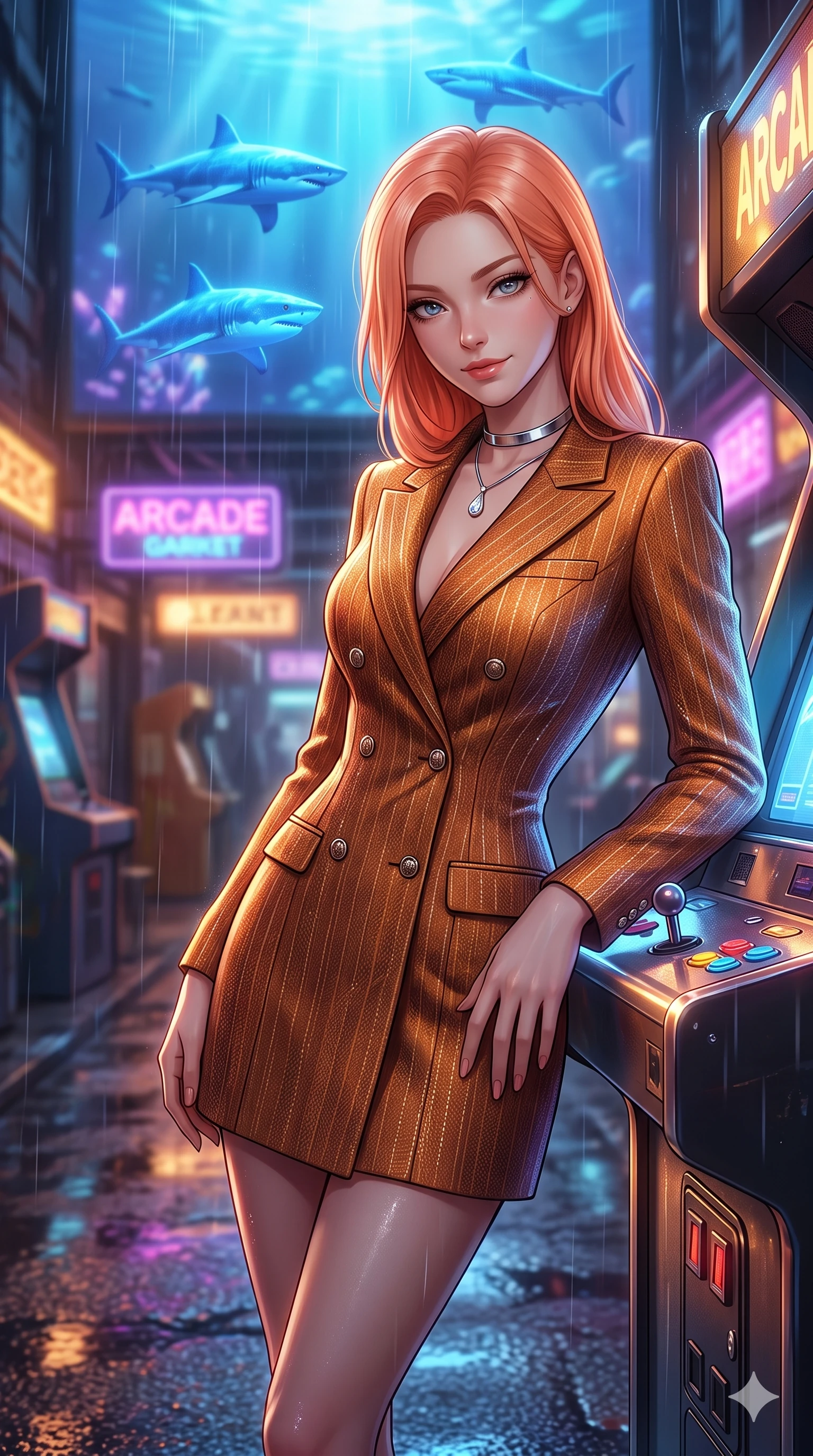 score_9, masterpiece, best quality, ultra-detailed, high-budget anime keyframe, editorial fashion photography, tasteful artistic composition, Japanese woman. close-up cowboy shot from the waist and thighs up, the character dominates the composition, filling the frame with her large presence. tilting her head with a teasing half-smile, running one hand slowly down the side of her hip in a flirtatious S-curve as ambient light caresses her silhouette while leaning against the glowing arcade console with hips cocked back, watching holographic blue sharks swim through the rain with smoldering bedroom-eyes. The background shows a soft-focus rain puddles reflecting arcade signs softened in cyberpunk market alley shallow focus. She has an exceptionally elegant, slender, and willowy female figure with an ultra-slim waist, flat toned midriff, narrow ribcage, and sculpted feminine hips creating an alluring, slim hourglass silhouette without bulk. sharp v-shaped jawline, high-bridge nose, intricate jewel-like sparkling eyes with depth, thick eyelashes, glossy parted lips with a natural peach sheen, bright cheerful beaming smile with an enchanting and coquettish sensual glint, exuding both youthful cute charm and seductive allure, flawlessly proportioned anatomical accuracy, strict slender model proportions, natural body alignment, perfectly sculpted long slender limbs, ultra-slim waistline, clean dynamic posture without body distortion. wearing a tailored double-breasted blazer dress with subtle metallic pin-stripes and structured lapels in cosmic eclipse amber and starlight diamond, woven from structured carbon-fiber jacquard with rich textural depth, finished with a minimalist chrome choker and a single teardrop diamond pendant, the bespoke structured tailoring following the natural line of her 8.5-heads silhouette with refined elegance. bathed in the glowing azure and indigo illumination of the monumental virtual aquarium billboard. ultra-reflective glossy finish, specular highlights, rich textural contrasts, high-contrast stereoscopic depth, volumetric dynamic lighting, 2k, ultra detail, master piece, 9:16 ratio