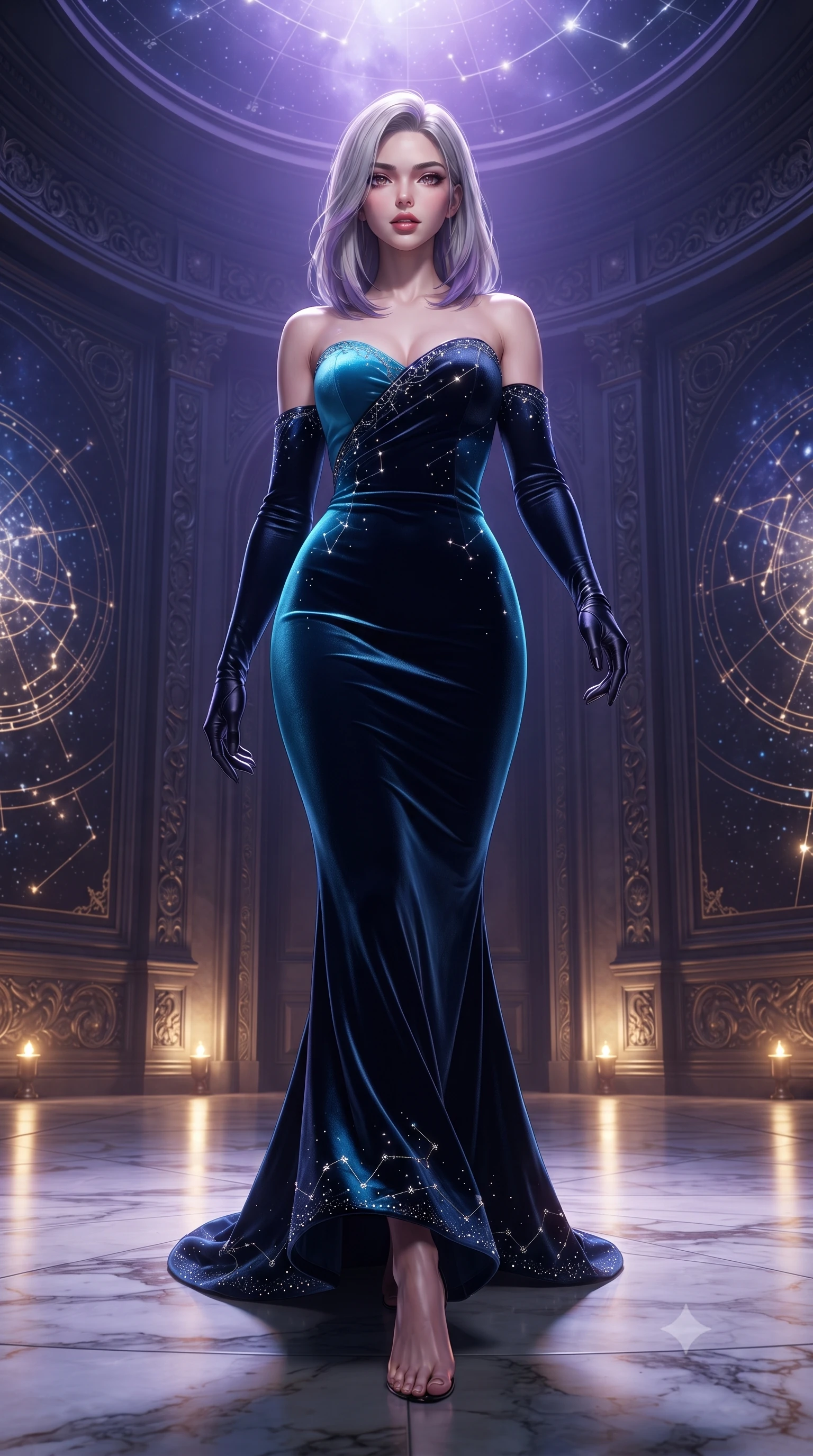 score_9, masterpiece, best quality, ultra-detailed, high-budget anime keyframe, editorial fashion photography, tasteful artistic composition, Caucasian woman. low angle full-body shot from head to toe showing her feet, filling the entire 9:16 vertical frame with her statuesque presence, stretching her vertical silhouette. striding forward in a proud supermodel runway stride, hips swaying in an alluring kinetic rhythm that accentuates her curvy hourglass silhouette while striding across the illuminated marble star-chart floor, hips swaying with sovereign cosmic empress charisma. The surrounding environment is rendered in vivid detail and crisp panoramic clarity. monumental high-contrast cosmic chiaroscuro and sacred astronomical sanctuary architecture in precision. She has an absolutely perfect, statuesque 8.5-heads proportion, an exceptionally tall and slender model-like female figure with impossibly long slender legs, a toned flat midriff, an ultra-slim waist, and beautifully sculpted feminine hips. sharp v-shaped jawline, high-bridge nose, intricate jewel-like eyes with depth, thick eyelashes, glossy parted lips with a natural sheen, intensely captivating and seductive bedroom-eyes expression, flawlessly proportioned anatomical accuracy, strict slender model proportions, natural body alignment, perfectly sculpted long slender limbs, ultra-slim waistline, clean dynamic posture without body distortion. wearing a midnight silk crepe mermaid gown featuring an architectural strapless neckline and bodycon hip hug in electric cyan and deep interstellar black, crafted from heavyweight crushed silk velvet with liquid frost luster, featuring delicate starlight crystal embroidery along the neckline and hem, the glove-like aerodynamic silhouette tightly following the natural contour of her hips and long slender legs with statuesque precision. bathed in cool violet nebula glow from above and warm golden brass indicator uplights. ultra-reflective glossy finish, specular highlights, rich textural contrasts, high-contrast stereoscopic depth, volumetric dynamic lighting, 2k, ultra detail, master piece, 9:16 ratio