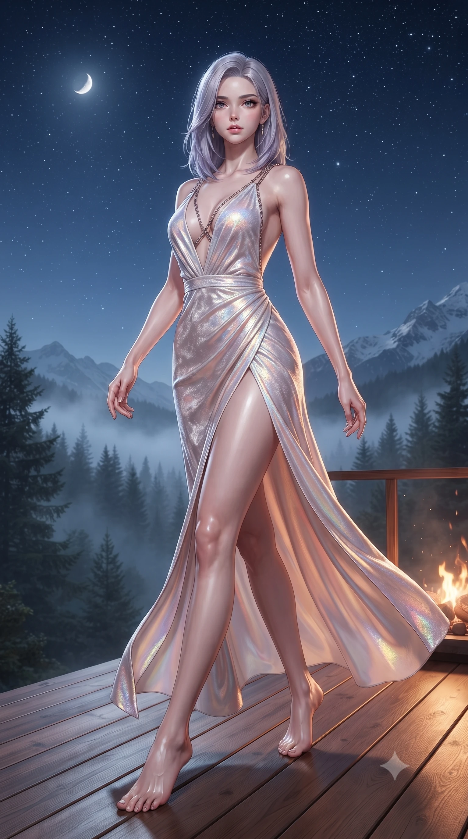 score_9, masterpiece, best quality, ultra-detailed, high-budget anime keyframe, editorial fashion photography, tasteful artistic composition, Caucasian woman. low angle full-body shot from head to toe showing her feet, filling the entire 9:16 vertical frame with her statuesque presence, stretching her vertical silhouette. stepping forward with proud posture, filling the vertical frame with her magnetic presence poised on a polished wooden deck overlooking a serene mist-covered alpine forest, water ripples glistening under a clear starry night sky. She has an absolutely perfect, statuesque 8.5-heads proportion, an exceptionally tall and slender model-like female figure with impossibly long slender legs and an ultra-slim waist. sharp v-shaped jawline, high-bridge nose, intricate jewel-like eyes with depth, thick eyelashes, glossy lips with a natural sheen. wearing a backless crushed velvet gown with a deep V-neckline and high thigh slit in pearl white and rose gold, crafted from iridescent chiffon that shifts colors in the light, adorned with delicate metallic chain straps along the neckline, the sleek second-skin texture accentuating her magnetic presence. illuminated by serene silver moonlight and warm amber hearth reflections. ultra-reflective glossy finish, specular highlights, metallic sheen, high-contrast stereoscopic depth, volumetric dynamic lighting, 2k, ultra detail, master piece, 9:16 ratio