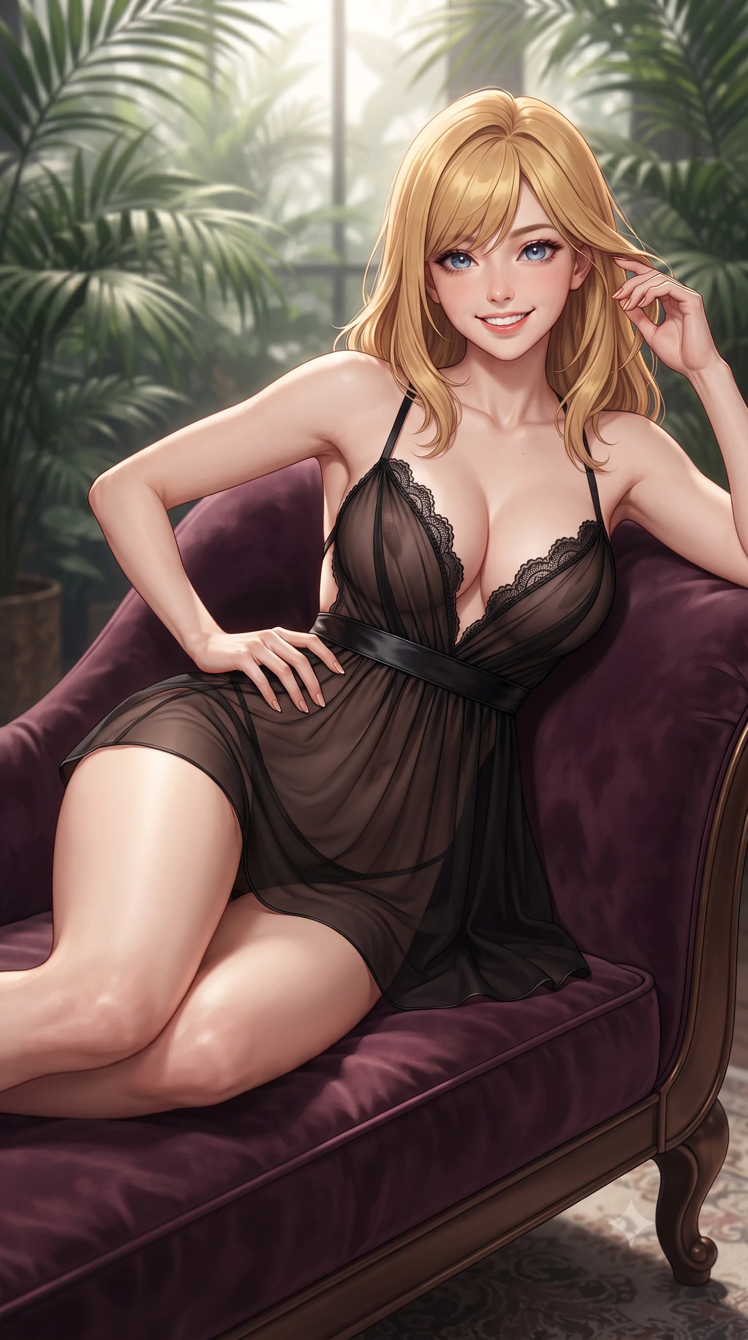 score_9, masterpiece, best quality, ultra-detailed, high-budget anime keyframe, editorial fashion photography, tasteful artistic composition, Caucasian woman. close-up cowboy shot from the waist and thighs up, the character dominates the composition, filling the frame with her large presence. twisting her slender torso in an alluring contrapposto stance, one hand resting on her sculpted hip while her fingers toy with her hair with effortless poise while lounging in the deep plum velvet chaise with legs extended, running one manicured hand slowly along her collarbones with irresistible charm. The background shows a soft-focus lush indoor palm fronds softened in bohemian-luxe greenhouse penthouse shallow focus. She has an exceptionally elegant, slender, and willowy female figure with an ultra-slim waist, flat toned midriff, narrow ribcage, and sculpted feminine hips creating an alluring, slim hourglass silhouette without bulk. sharp v-shaped jawline, high-bridge nose, intricate jewel-like sparkling eyes with depth, thick eyelashes, glossy parted lips with a natural peach sheen, bright cheerful beaming smile with an enchanting and coquettish sensual glint, exuding both youthful cute charm and seductive allure, flawlessly proportioned anatomical accuracy, strict slender model proportions, natural body alignment, perfectly sculpted long slender limbs, ultra-slim waistline, clean dynamic posture without body distortion. wearing a sheer pleated silk organza babydoll dress with plunging sweetheart neckline and satin waist ribbon in Cheongdam modern noir black and molten gold, woven from buttery-soft stretch lambskin leather adhering to her body like a second skin, finished with scalloped eyelash lace trim framing her sweetheart neckline with intimate elegance, the precision-cut side openings and low-back scoop framing her graceful spine and the sensual sweep of her slim, toned hips. illuminated by skylight moonbeam bounce and sharp champagne-gold rim lights defining her jawline, flat midriff, and feminine hips. ultra-reflective glossy finish, specular highlights, rich textural contrasts, high-contrast stereoscopic depth, volumetric dynamic lighting, 2k, ultra detail, master piece, 9:16 ratio