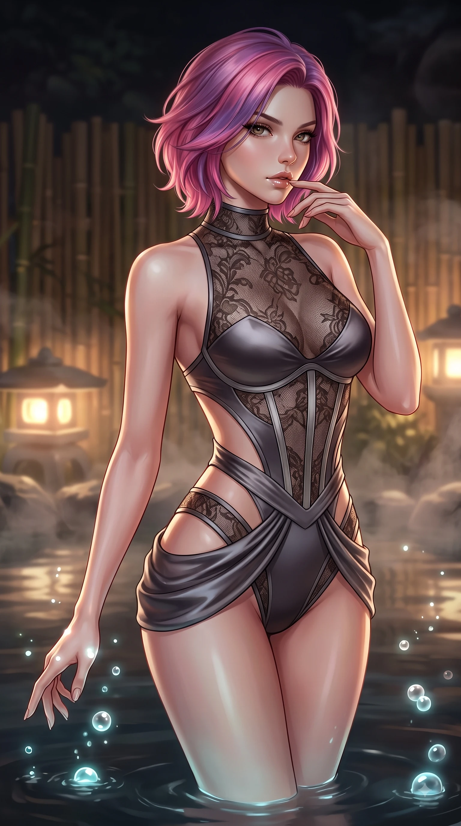 score_9, masterpiece, best quality, ultra-detailed, high-budget anime keyframe, editorial fashion photography, tasteful artistic composition, Caucasian woman. close-up cowboy shot from the waist and thighs up, the character dominates the composition, filling the frame with her large presence, background elements kept in soft focus. Resting two fingers near her glossy lips, casting a sharp mysterious side-gaze during her dynamic motion while reaching one arm gently toward the water surface as bioluminescent bubbles cast pearl highlights, bamboo partitions and stone lanterns casting peaceful organic stencil shadows. She has an exceptionally elegant, slender, and willowy female figure with an ultra-slim waist, a gracefully sculpted slender torso, and a refined silhouette. sharp v-shaped jawline, high-bridge nose, intricate jewel-like eyes with depth, thick eyelashes, glossy lips with a natural sheen, flawlessly proportioned anatomical accuracy, natural body alignment, perfectly sculpted elegant limbs, clean dynamic posture without body distortion. wearing a sheer dark lace pattern bodysuit with structured corsetry boning in charcoal grey and platinum, crafted from lustrous satin jersey with fluid draping, featuring clean architectural cutouts along her slender torso, the form-contouring material highlighting her ultra-slim waist and long lines. bathed in soft warm lantern light filtered through gentle thermal steam. ultra-reflective glossy finish, specular highlights, metallic sheen, high-contrast stereoscopic depth, volumetric dynamic lighting, 2k, ultra detail, master piece, 9:16 ratio