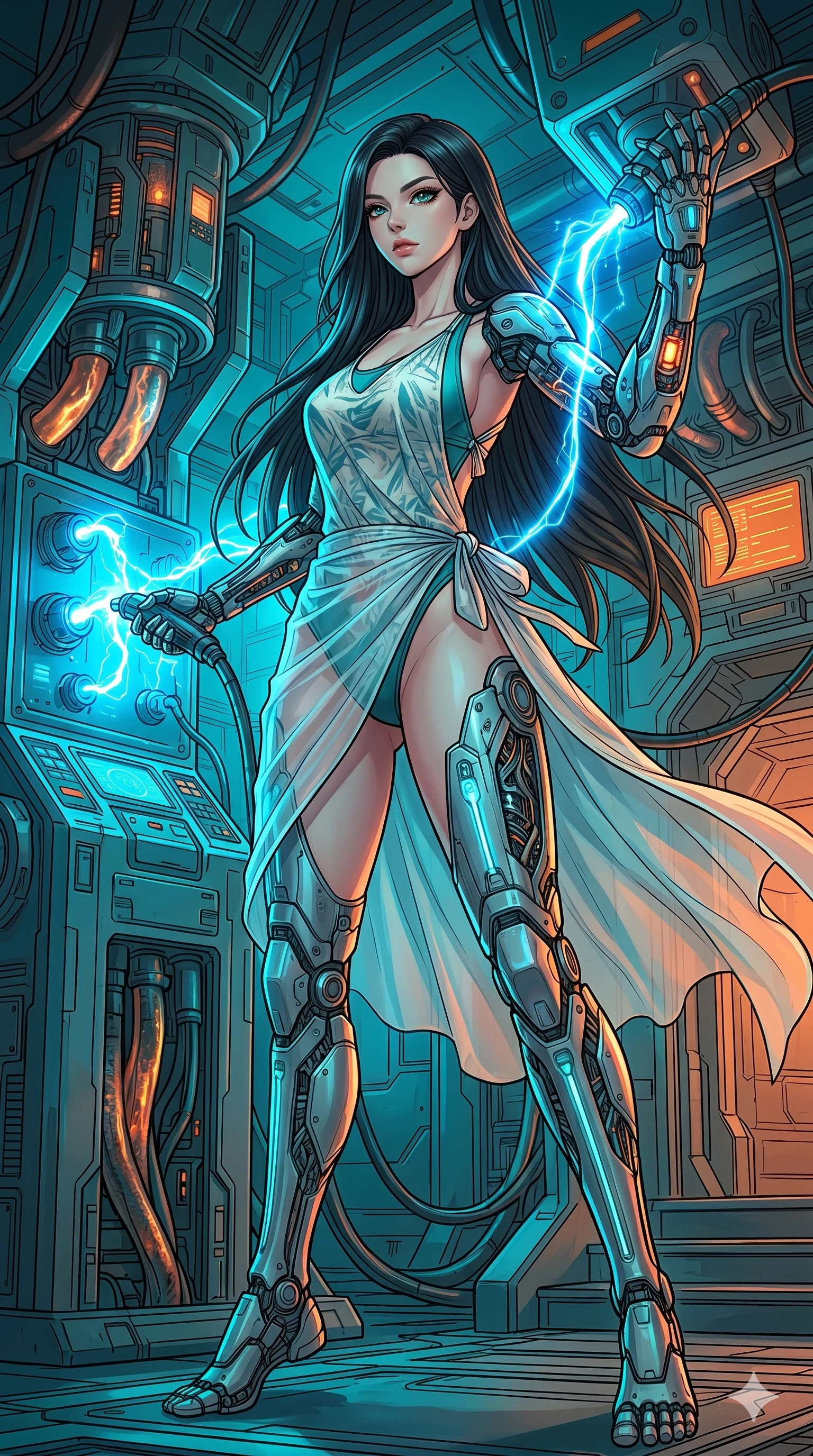 score_9, masterpiece, best quality, ultra-detailed, high-budget anime movie keyframe, cinematic anime lighting, intricate line art, Korean anime girl. Low angle cowboy shot capturing a powerful motion and statuesque presence. recharging her cybernetic limbs at a high-speed power station. She has an absolutely perfect 8-heads proportion, an exceptionally tall and slender female figure with an ultra-slim waist and impossibly long slender legs. strictly human anatomy, two legs only, no extra limbs, clearly defined legs and arms, perfect anatomy, perfect hands and fingers. sharp v-shaped jawline, high-bridge nose, intricate jewel-like eyes, thick eyelashes, glossy lips. Wearing Seasonal/Resort: High-cut one-piece with sarong, linen sundress with tie-back, and sheer fabric wrap. The scene is illuminated by dramatic atmospheric lighting and vibrant color palettes. , 2k, ultra detail, master piece, 9:16 ratio