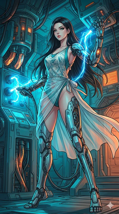 score_9, masterpiece, best quality, ultra-detailed, high-budget anime movie keyframe, cinematic anime lighting, intricate line art, Korean anime girl. Low angle cowboy shot capturing a powerful motion and statuesque presence. recharging her cyberneti