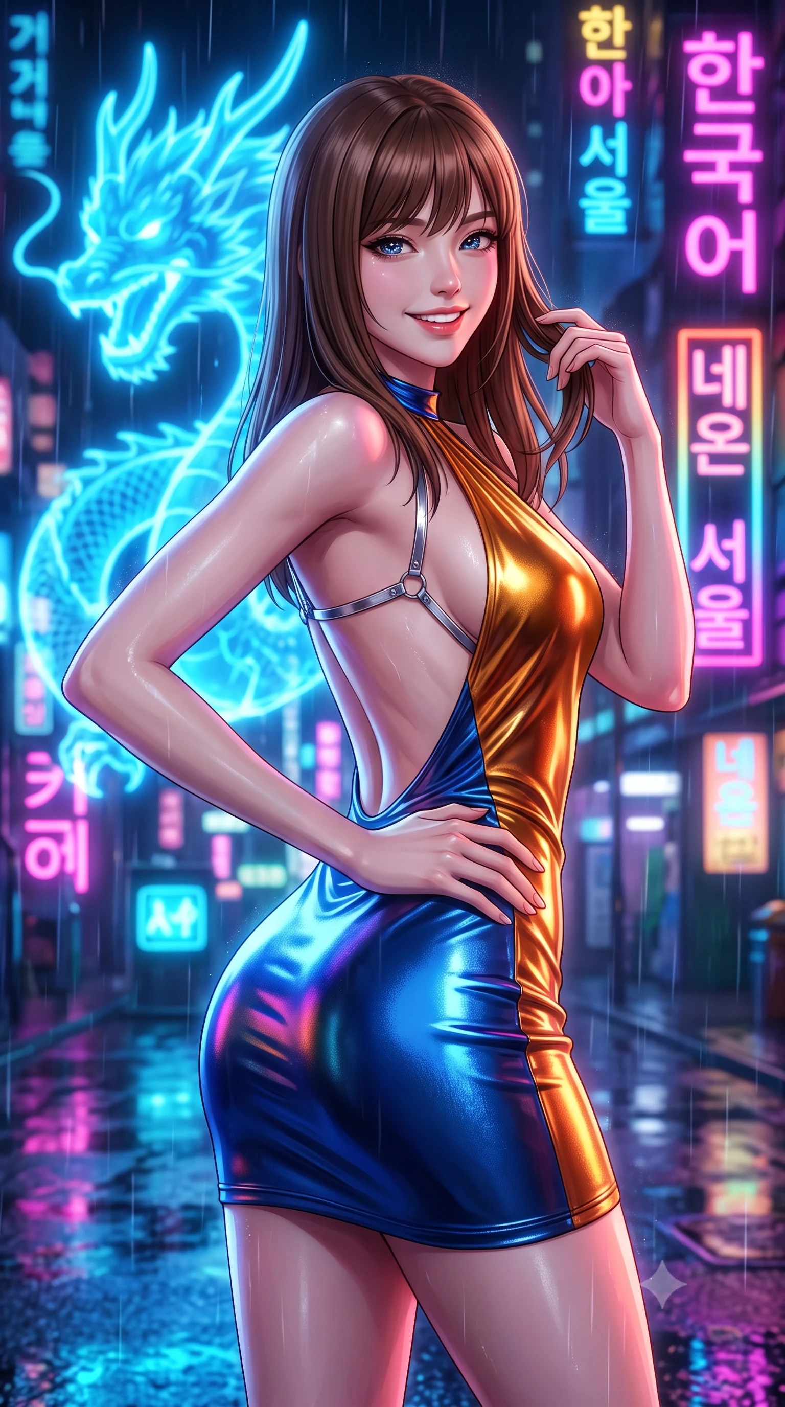 score_9, masterpiece, best quality, ultra-detailed, high-budget anime keyframe, semi-realistic 3D game render, editorial fashion photography, tasteful artistic composition, Korean woman. close-up cowboy shot from the waist and thighs up, the character dominates the composition, filling the frame with her large presence. twisting her slender torso in an alluring contrapposto stance, one hand resting on her sculpted hip while her fingers toy with her hair with effortless poise while twisting her slender torso in an alluring contrapposto stance, multicolored neon Hangul typography reflecting across her narrow waist and curvy hips. The background shows a soft-focus fine mist of neon-lit rain droplets softened in Neo-Seoul cyberpunk plaza shallow focus. She has an exceptionally elegant, slender, and willowy female figure with an ultra-slim waist, flat toned midriff, narrow ribcage, and sculpted feminine hips creating an alluring, slim hourglass silhouette without bulk. sharp v-shaped jawline, high-bridge nose, intricate jewel-like sparkling eyes with depth, thick eyelashes, glossy parted lips with a natural peach sheen, bright cheerful beaming smile with an enchanting and coquettish sensual glint, exuding both youthful cute charm and seductive allure, flawlessly proportioned anatomical accuracy, strict slender model proportions, natural body alignment, perfectly sculpted long slender limbs, ultra-slim waistline, clean dynamic posture without body distortion. wearing an alluring backless metallic lamé halterneck mini dress with deep scoop back down to her lower spine in Jovian amber and electric storm cobalt, crafted from fluid liquid silk satin that clings smoothly to her narrow waist and rounded hips with a dewy sheen, accented with a chrome-drop body harness subtly framing her dewy collarbones and spine, the glove-like clinging cut tightly following the natural contour of her hips and long slender legs with youthful 8.5-heads elegance. bathed in the glowing azure radiance of the monumental holographic dragon mixed with neon street reflections. highly saturated vibrant anime colors, detailed shading with soft gradients, rich glossy textures, high-contrast stereoscopic depth, volumetric dynamic lighting, master piece, 9:16 ratio