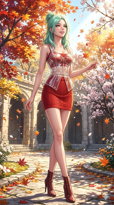 score_9, masterpiece, best quality, ultra-detailed, high-budget anime keyframe, vibrant anime aesthetic, Japanese woman. cowboy shot from the thighs up, character and outfit filling the frame for maximum presence. She is standing under blooming winte