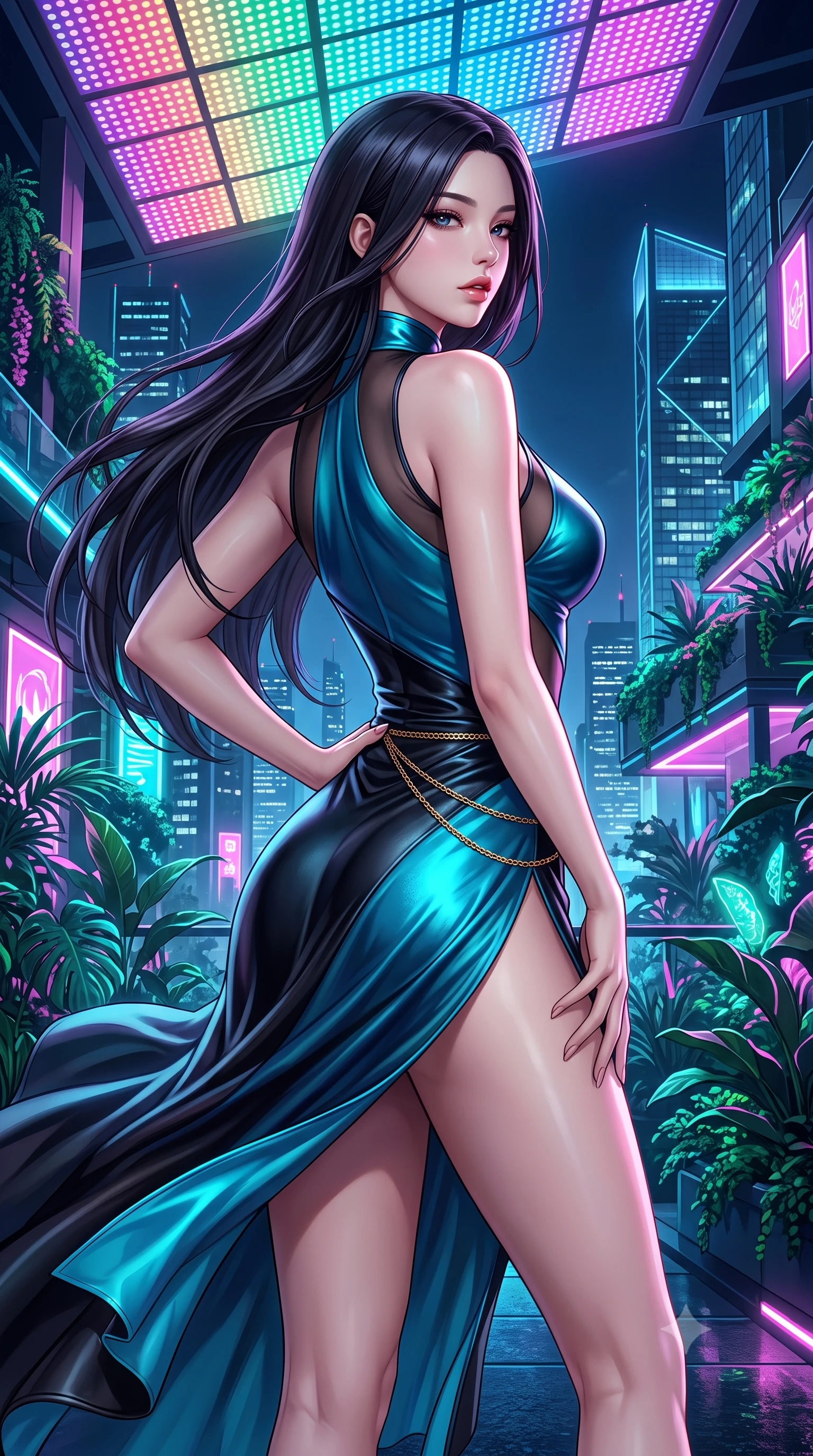 score_9, masterpiece, best quality, ultra-detailed, high-budget anime keyframe, semi-realistic 3D game render, editorial fashion photography, tasteful artistic composition, Korean woman. close-up cowboy shot from the waist and thighs up, the character dominates the composition, filling the frame with her large presence. posing in an alluring rear three-quarter angle, arching her lower back in a pronounced S-curve with one hand on her hip, glancing seductively over her bare shoulder with parted glossy lips while executing an elegant mid-motion turn as night winds whip her high-slit dress, her statuesque vertical presence dominating the futuristic panorama. The surrounding environment is rendered in vivid detail and crisp panoramic clarity. vibrant high-contrast cyberpunk botanical chiaroscuro and cutting-edge tropical metropolis aesthetics in precision. She has an exceptionally elegant, slender, and willowy female figure with an ultra-slim waist, flat toned midriff, narrow ribcage, and sculpted feminine hips creating an alluring, slim hourglass silhouette without bulk. sharp v-shaped jawline, high-bridge nose, intricate jewel-like eyes with depth, thick eyelashes, glossy parted lips with a natural sheen, intensely captivating and seductive bedroom-eyes expression, flawlessly proportioned anatomical accuracy, strict slender model proportions, natural body alignment, perfectly sculpted long slender limbs, ultra-slim waistline, clean dynamic posture without body distortion. wearing a wet-look silk fusion wrap dress with asymmetrical sheer mesh cutouts and high Mandarin collar in neon electric cyan and lacquer black, crafted from second-skin supple lambskin leather with liquid drape, accented with a delicate gold chain belt resting loosely on her curvy hips, the glove-like aerodynamic silhouette tightly following the natural contour of her hips and long slender legs with statuesque 8.5-heads elegance. bathed in dynamic color-shifting LED canopy lights from above and ambient city skyline uplights. highly saturated vibrant anime colors, detailed shading with soft gradients, rich glossy textures, high-contrast stereoscopic depth, volumetric dynamic lighting, master piece, 9:16 ratio