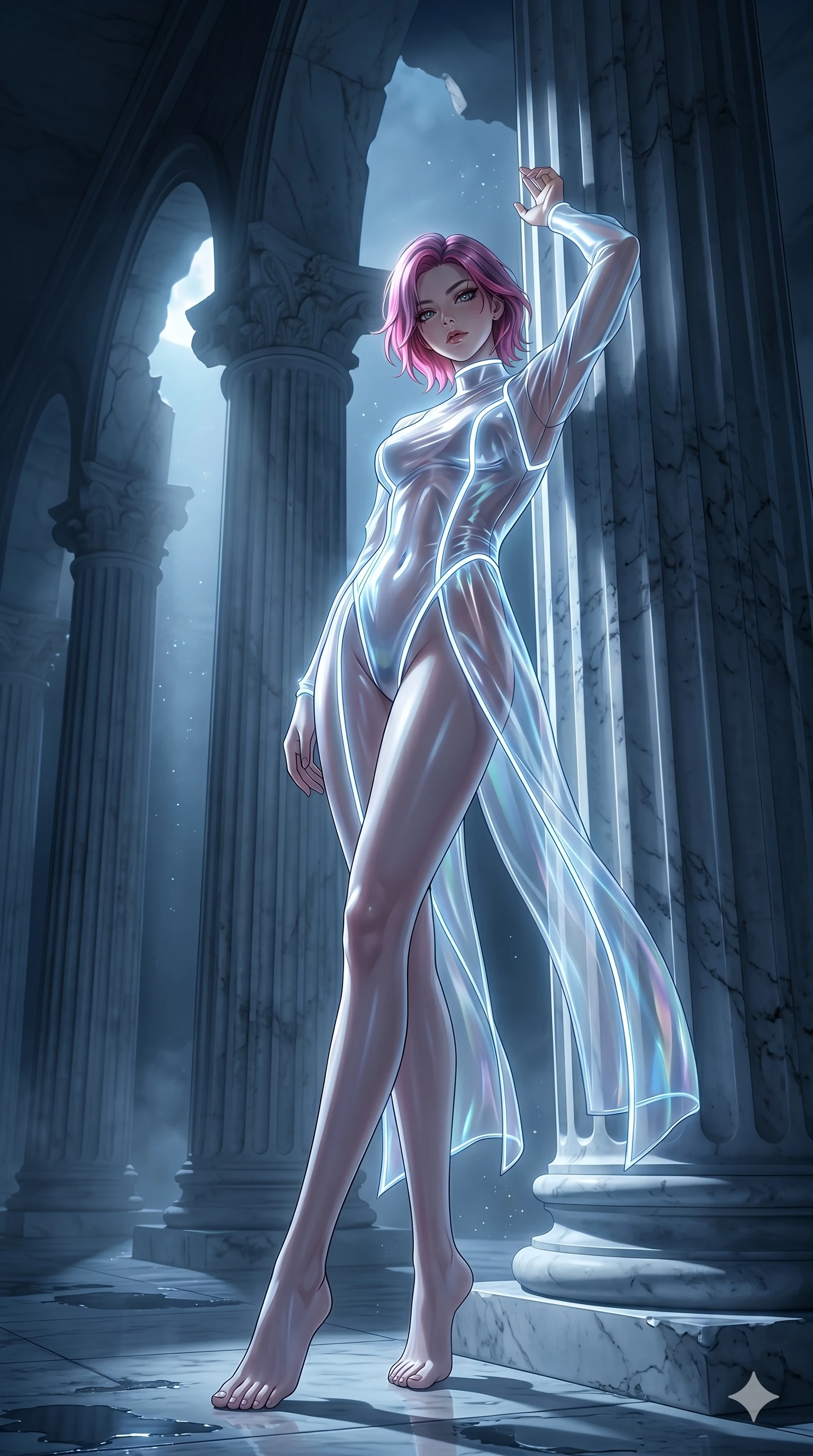 score_9, masterpiece, best quality, ultra-detailed, High-budget Anime Keyframe, East Asian woman. Low angle cowboy shot filling the entire 9:16 frame with her statuesque presence. Scenario 233: Leaning against a cold marble pillar in a moonlit greek temple. Her presence is magnetic and overpowering in this high-budget anime scene. Outfit 233: A sheer organza liquid with a high-cut leg line and glowing LED seams. The clothing is designed to emphasize her exceptionally tall and slender 8-heads proportion. 8-heads proportion, towering silhouette, ultra-slim waist. sharp v-shaped jawline, intricate jewel-like eyes with depth, thick eyelashes, glossy lips. 2k, ultra detail, master piece, 9:16 ratio