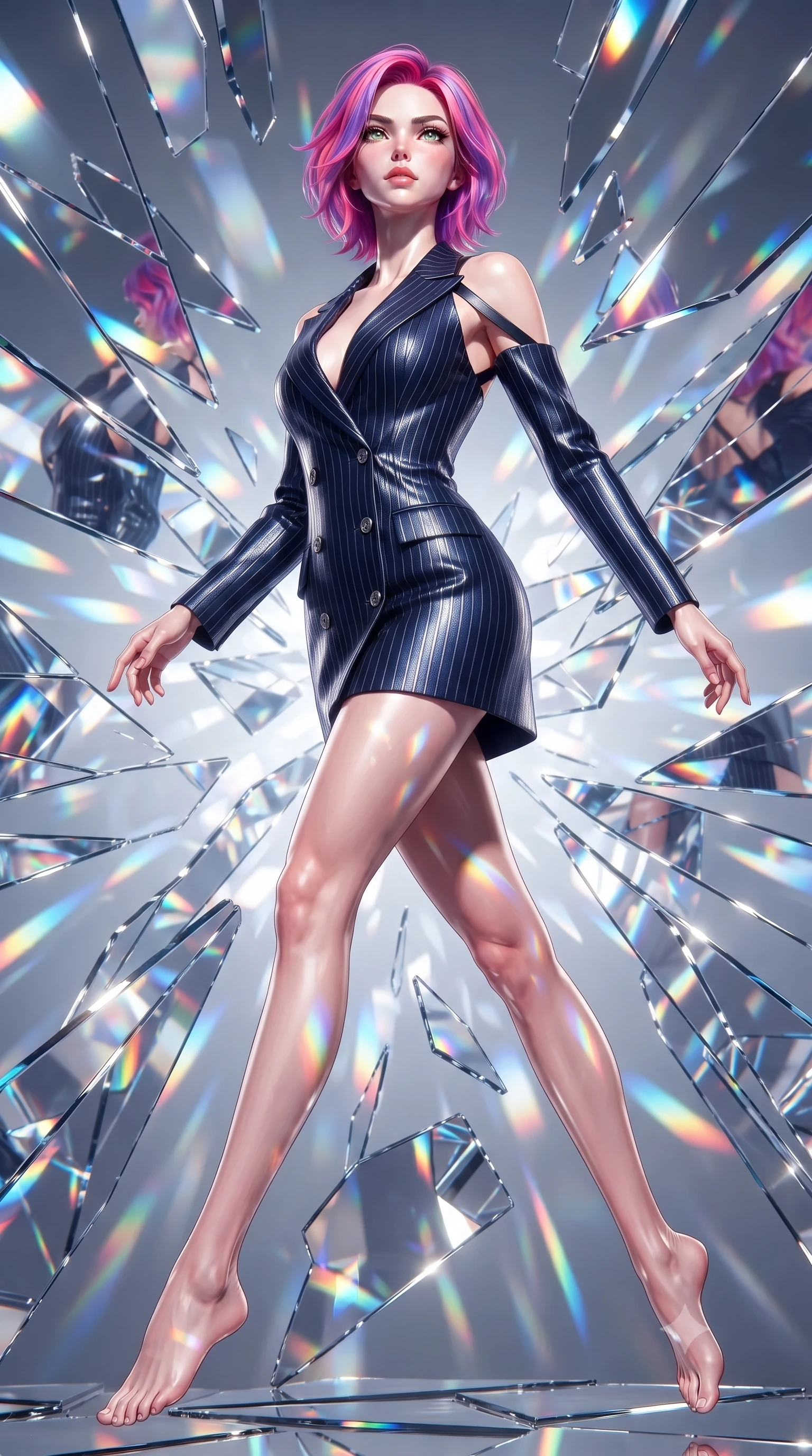 score_9, masterpiece, best quality, ultra-detailed, high-budget anime keyframe, editorial fashion photography, tasteful artistic composition, Caucasian woman. low angle full-body shot from head to toe showing her feet, filling the entire 9:16 vertical frame with her statuesque presence, stretching her vertical silhouette. leaping gracefully through the environment with statuesque elegance and long slender legs surrounded by rotating shattered mirror sculptures reflecting bright acrylic colors, a kaleidoscope of refractions forming geometric light patterns on her skin. She has an absolutely perfect, statuesque 8.5-heads proportion, an exceptionally tall and slender model-like female figure with impossibly long slender legs and an ultra-slim waist. sharp v-shaped jawline, high-bridge nose, intricate jewel-like eyes with depth, thick eyelashes, glossy lips with a natural sheen. wearing a double-breasted blazer dress with metallic pin-stripes in midnight navy blue and chrome trim, made of fine carbon-fiber weave and soft matte leather, complemented by criss-cross back straps highlighting her bare shoulders, the form-contouring material highlighting her ultra-slim waist and long lines. bathed in high-contrast vibrant studio lighting with sharp specular highlights. ultra-reflective glossy finish, specular highlights, metallic sheen, high-contrast stereoscopic depth, volumetric dynamic lighting, 2k, ultra detail, master piece, 9:16 ratio