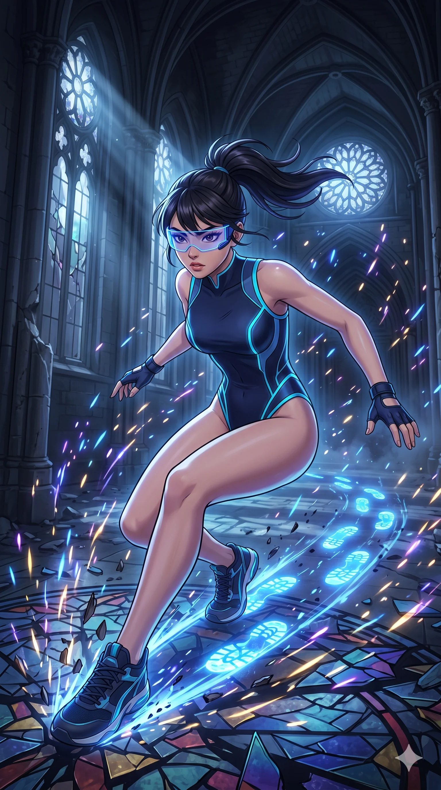score_9, masterpiece, best quality, ultra-detailed, Set A: High-budget Anime Keyframe, Korean woman. Upper body close-up from the thighs up, character filling the screen for maximum presence. Sliding through a shattered glass cathedral, as she leaves a trail of 228 glowing footprints and surrounded by glowing energy sparks. She has an absolutely perfect 8-heads proportion, an exceptionally tall and slender female figure with impossibly long slender legs and an ultra-slim waist. Sharp v-shaped jawline, high-bridge nose, intricate jewel-like eyes with depth, thick eyelashes, glossy lips with a natural sheen. Wearing High-cut athletic leotard with glowing trim and a translucent visor accessory. Cinematic lighting, vibrant colors, dramatic shadows, 2k, ultra detail, master piece, 9:16 ratio