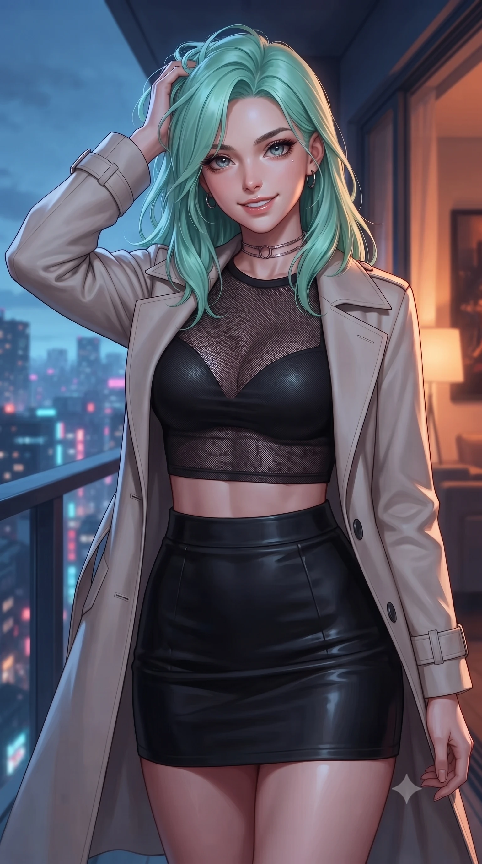 score_9, masterpiece, best quality, ultra-detailed, high-budget anime keyframe, editorial fashion photography, tasteful artistic composition, Japanese woman. close-up cowboy shot from the waist and thighs up, the character dominates the composition, filling the frame with her large presence, background elements kept in soft focus. smiling with quiet, magnetic self-assurance directly into the camera, running a hand through her hair the background shows a soft-focus a quiet high-rise balcony overlooking the neon grid after midnight. She has an exceptionally elegant, slender, and willowy female figure with an ultra-slim waist, a gracefully sculpted slender torso, and a refined silhouette. sharp v-shaped jawline, high-bridge nose, intricate jewel-like eyes with depth, thick eyelashes, glossy lips with a natural sheen. wearing a body-hugging semi-opaque dark mesh crop top paired with a mini skirt, layered with a tailored light trench coat. cool blue ambient twilight light contrasting with a warm orange room light inside. ultra-reflective glossy finish, specular highlights, metallic sheen, high-contrast stereoscopic depth, volumetric dynamic lighting, 2k, ultra detail, master piece, 9:16 ratio
